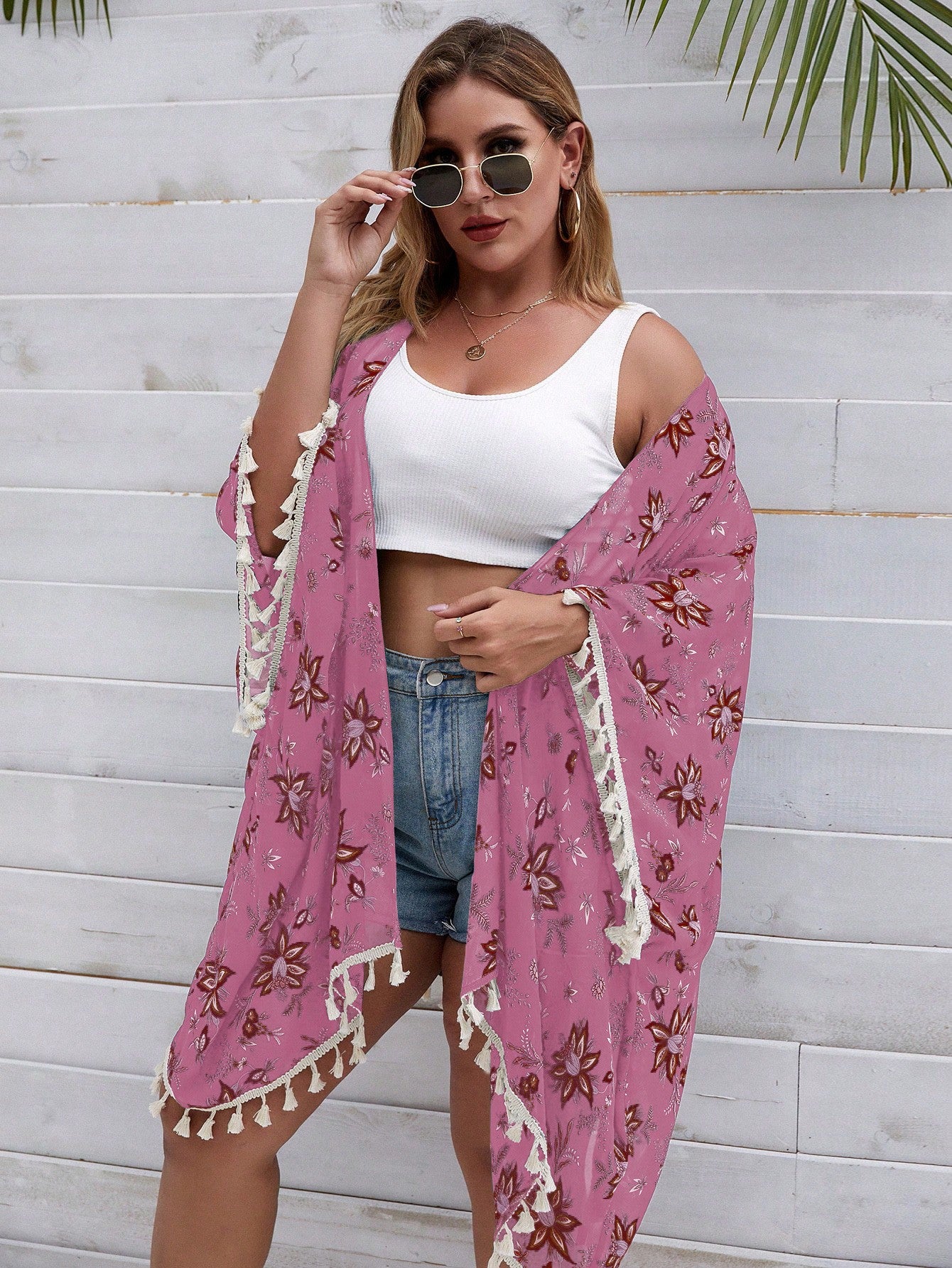 Swim Lushore Plus Size Summer Holiday Floral Printed Fringe Decorated Kimono Jacket With Batwing Sleeve