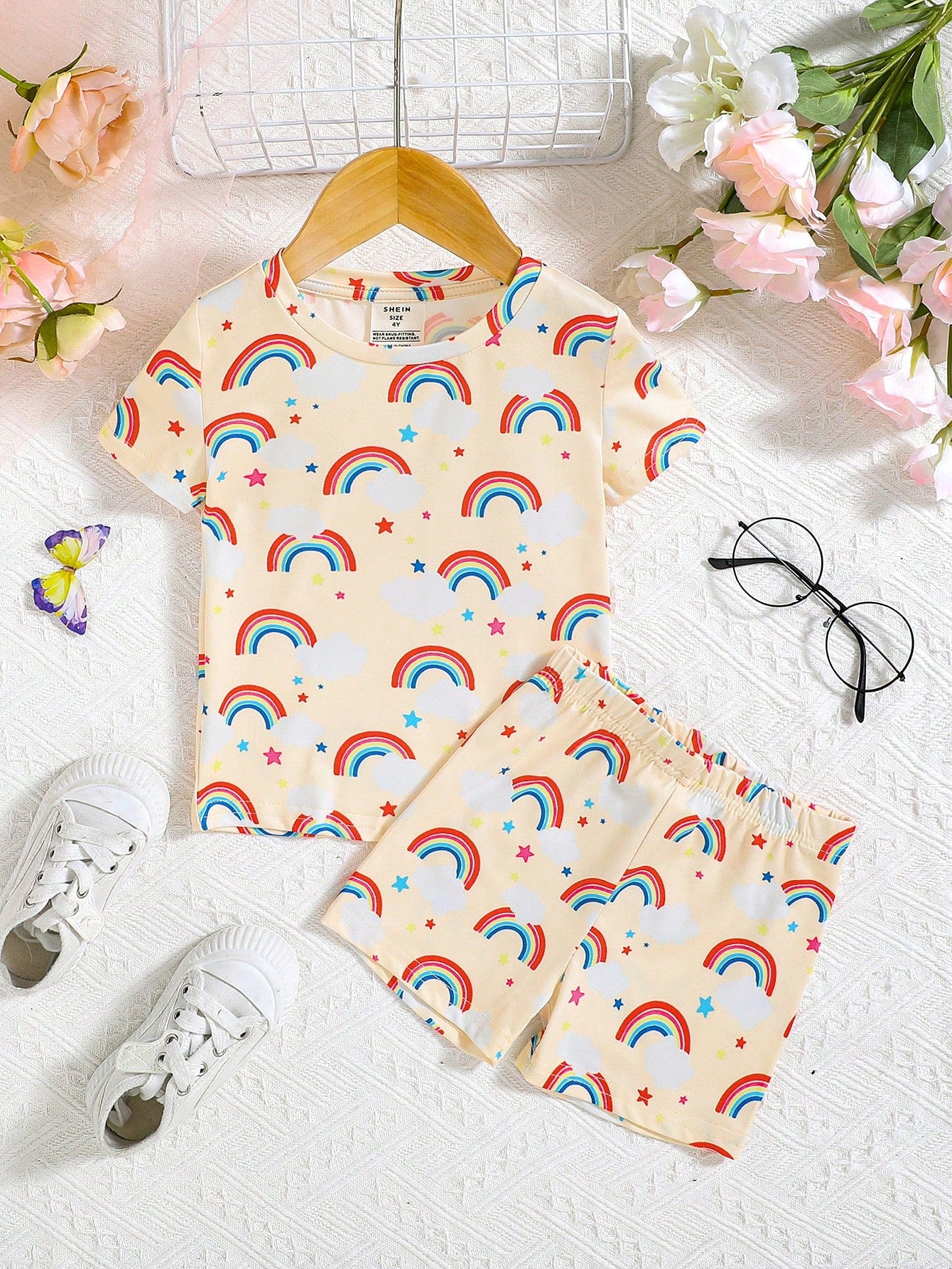 Young Girls' Knitted Cloud & Rainbow Pattern Round Neck Top And Tights Snug Fit Homewear Set