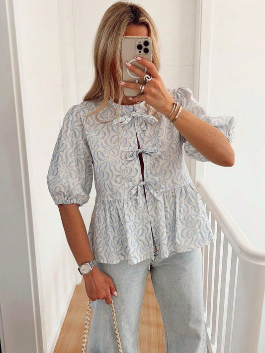 Blue And White Flower Bow Tie Blouse For Women 2024, Loose Solid Color Puff Sleeve Pleated Shirt Tops, New Arrivals For Springsummertie Frontcasualbabydoll