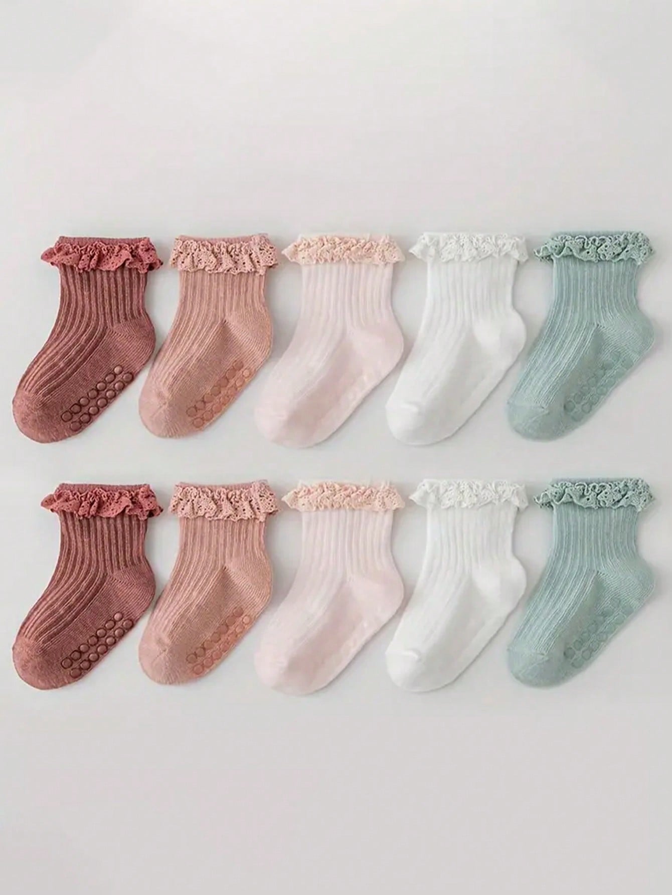 5pairs Baby Girls' Solid Color Cute Anti-Slip Lace Socks, Ideal For  Gift Or Daily Wear