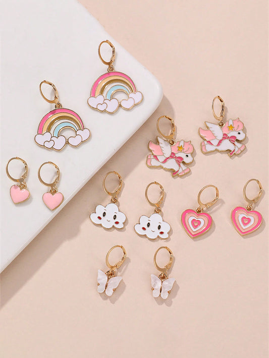 6pairs Girls' Cute Cartoon New Simple Design Sweet Style Rainbow Cloud Heart Shaped Alloy Dangle Earrings Set