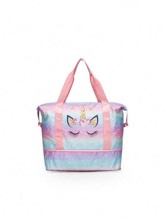 1pc Girls' Cartoon Unicorn Casual Travel Bag, Large Capacity Yoga Swimming Bag, Fitness Bag, Wet And Dry Separation Training Sports Tote Bag, Can Be Used On Top Of Rolling Luggage