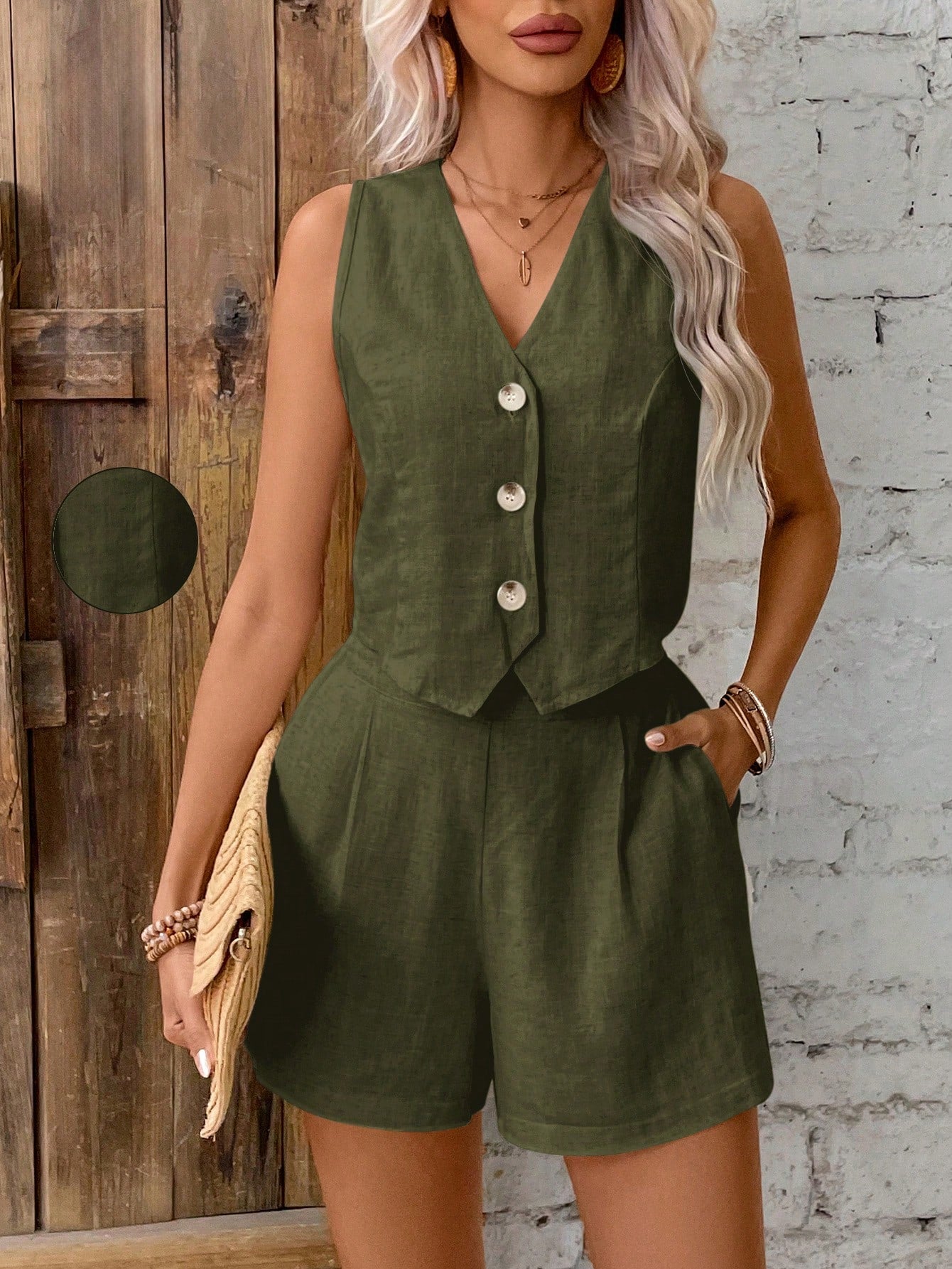 Frenchy 2pcs Women V-Neck Sleeveless Button Blouse And Loose Casual Shorts Set  Two-Piece V-Neck Vest Suit