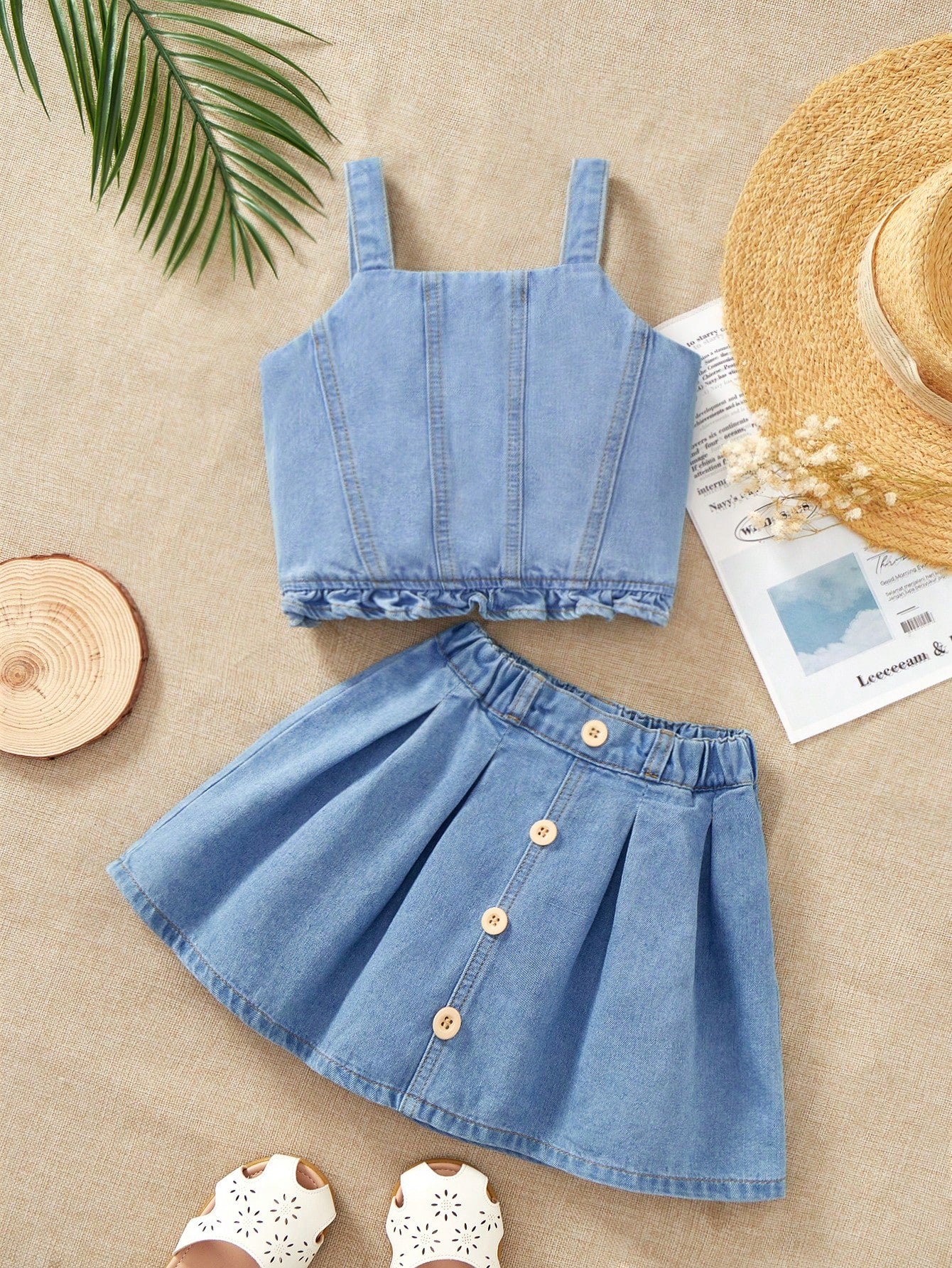 Young Girl Ruffle Edge Denim Suspender Skirt Set, Fashionable And Trendy