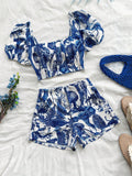 Blue & White Floral Knitted Crop Top & Shorts Set With Fitted Bubble Sleeves For Ladies, Romantic Holiday/Casual Outfit