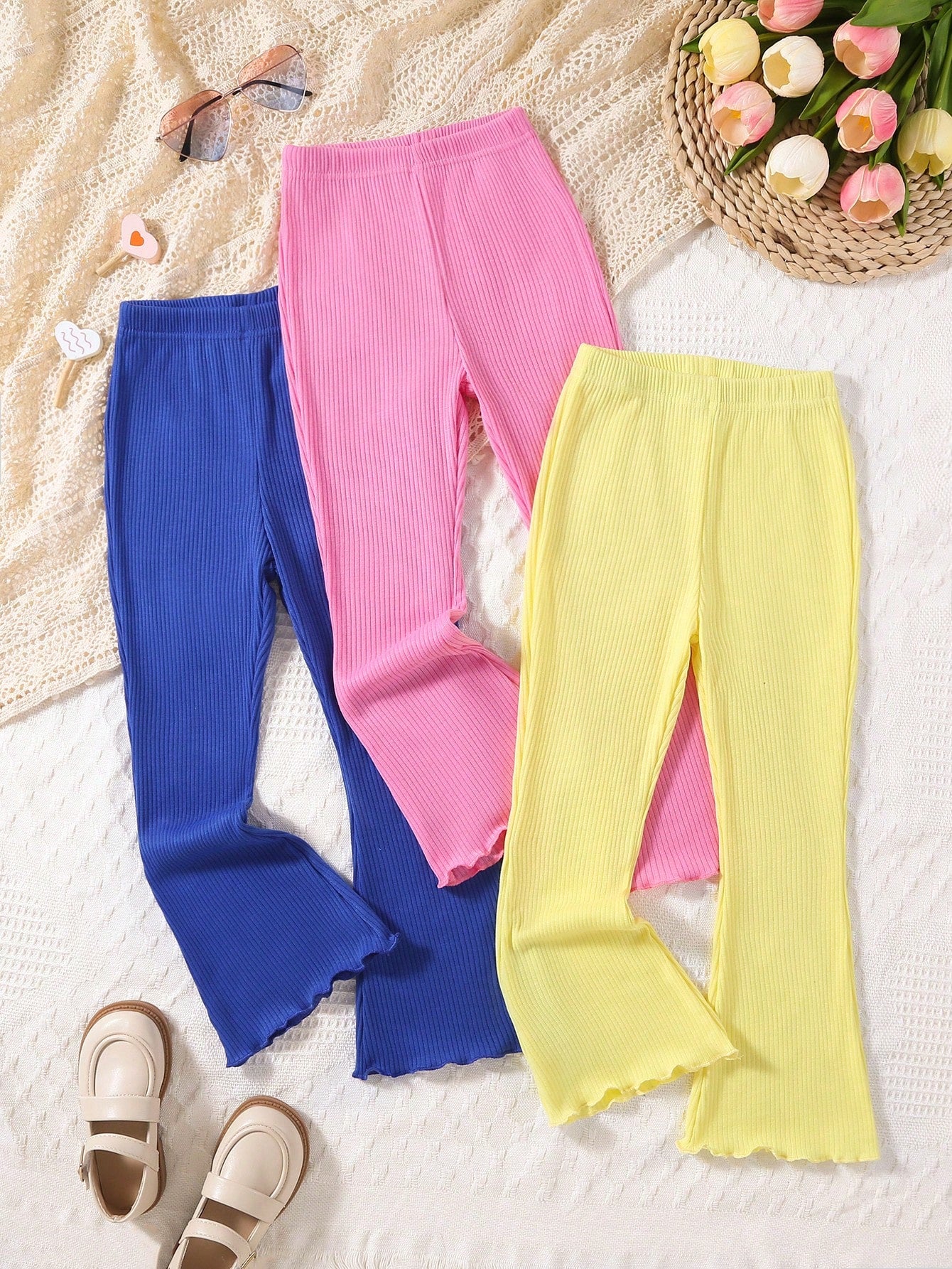 Young Girl 3pcs Lettuce Trim Flare Leg Pants