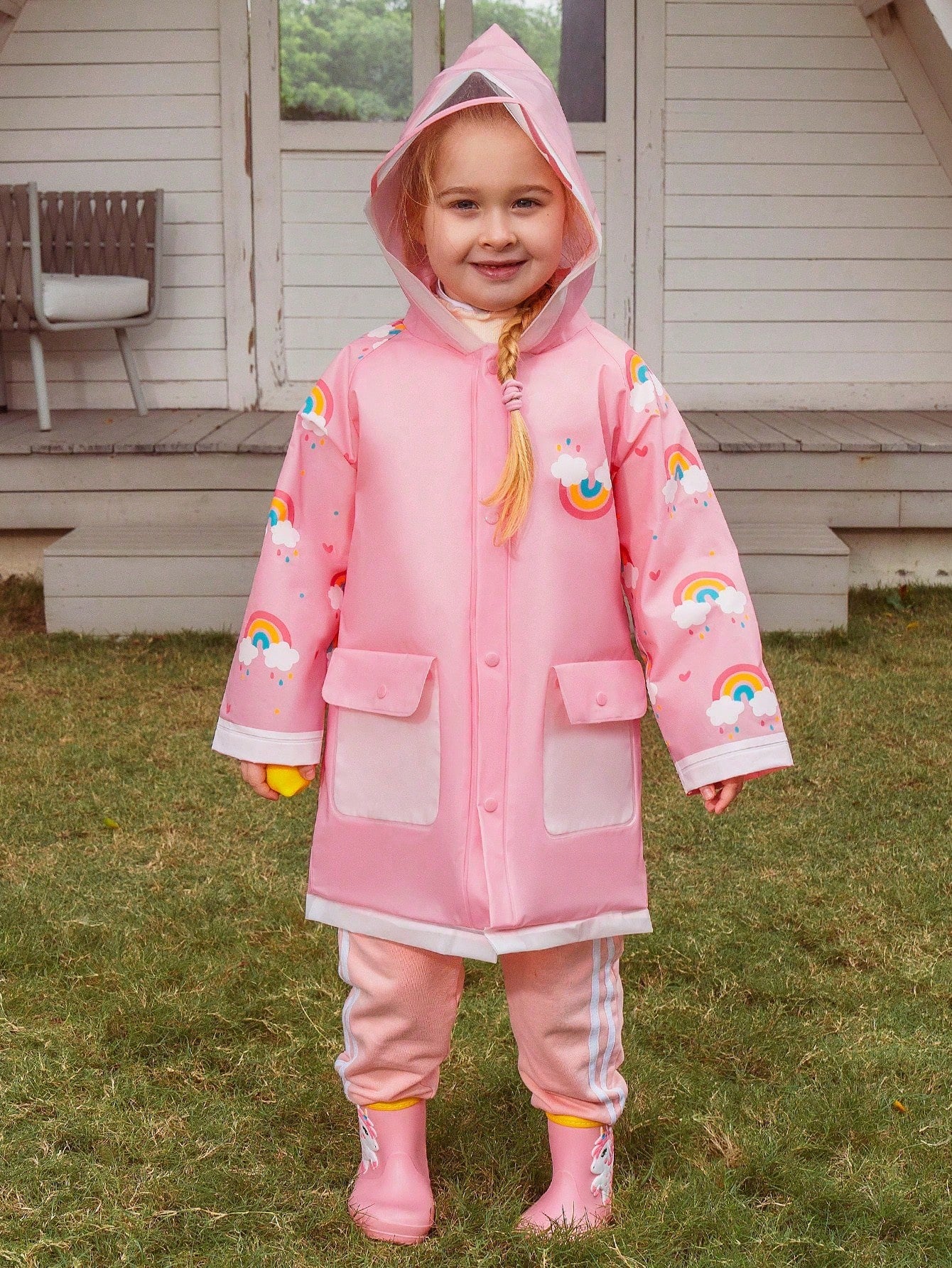 Girls' Cute Pink Unicorn & Rainbow Printed All-Season Raincoat