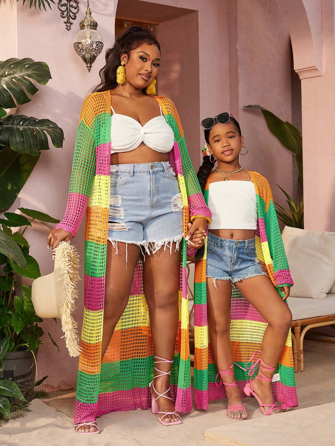 Tween Girl Vacation Casual Spring/Summer Multicolored Striped Knitted Cardigan Sweater, Mommy And Me Matching Outfits (2 Pieces Are Sold Separately)