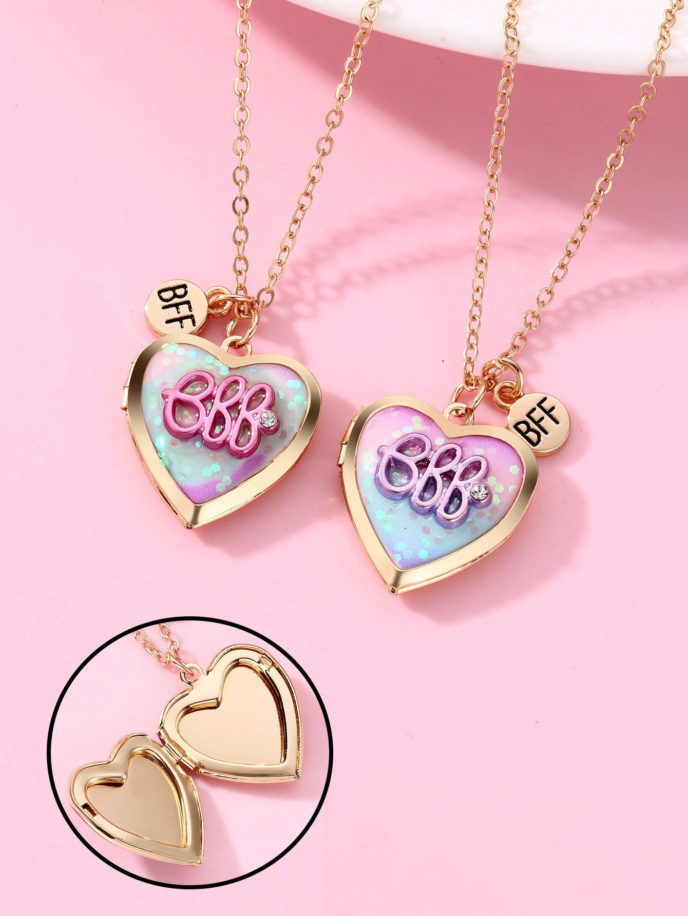 2pcs Girls' Colorful Zinc Alloy Oil Drop Necklace Set, Heart Shaped Box & Rainbow Flower Designs, Suitable For Best Friends To Wear Daily