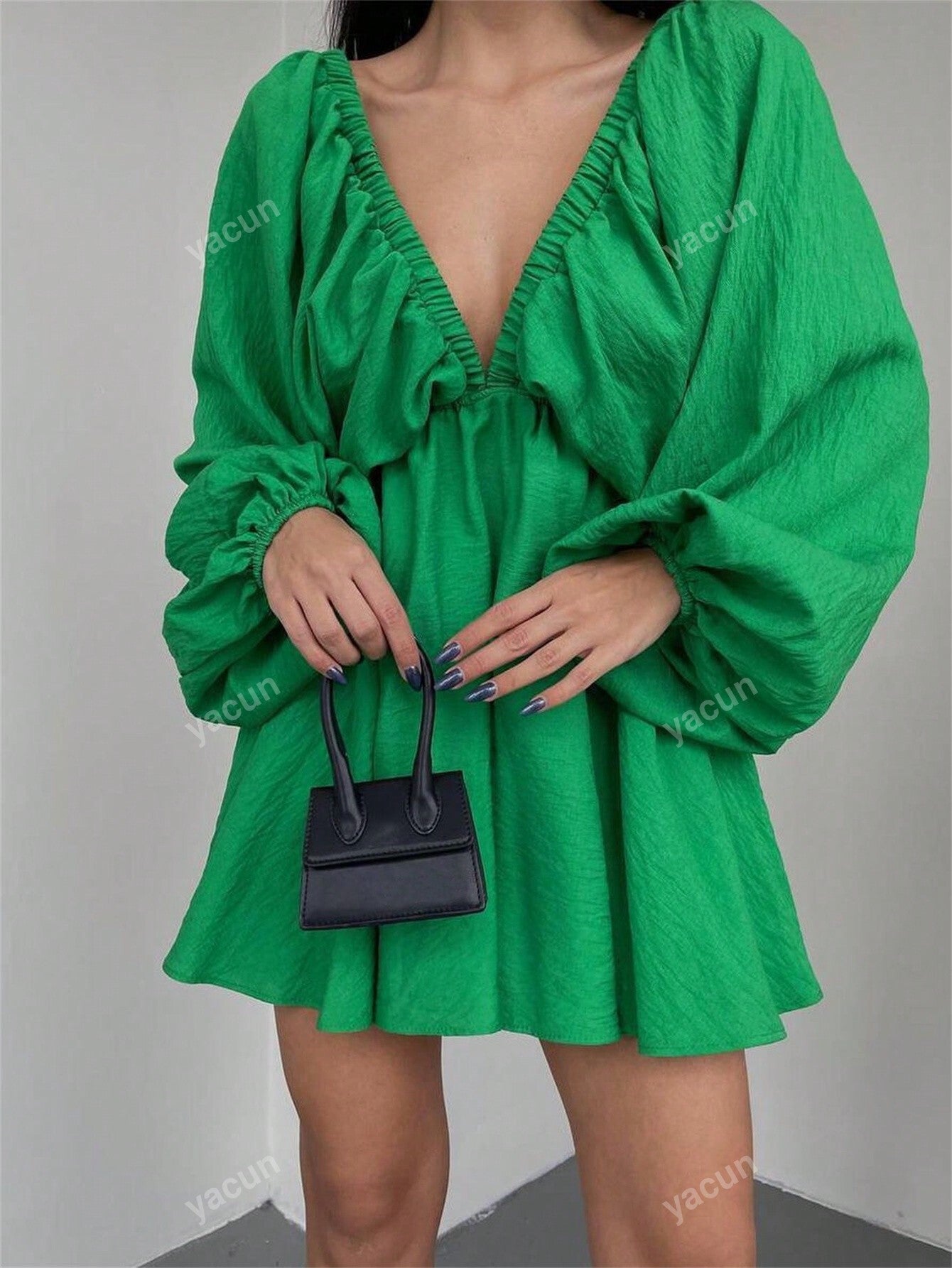 Solid Color V-Neck Lantern Sleeve Dress