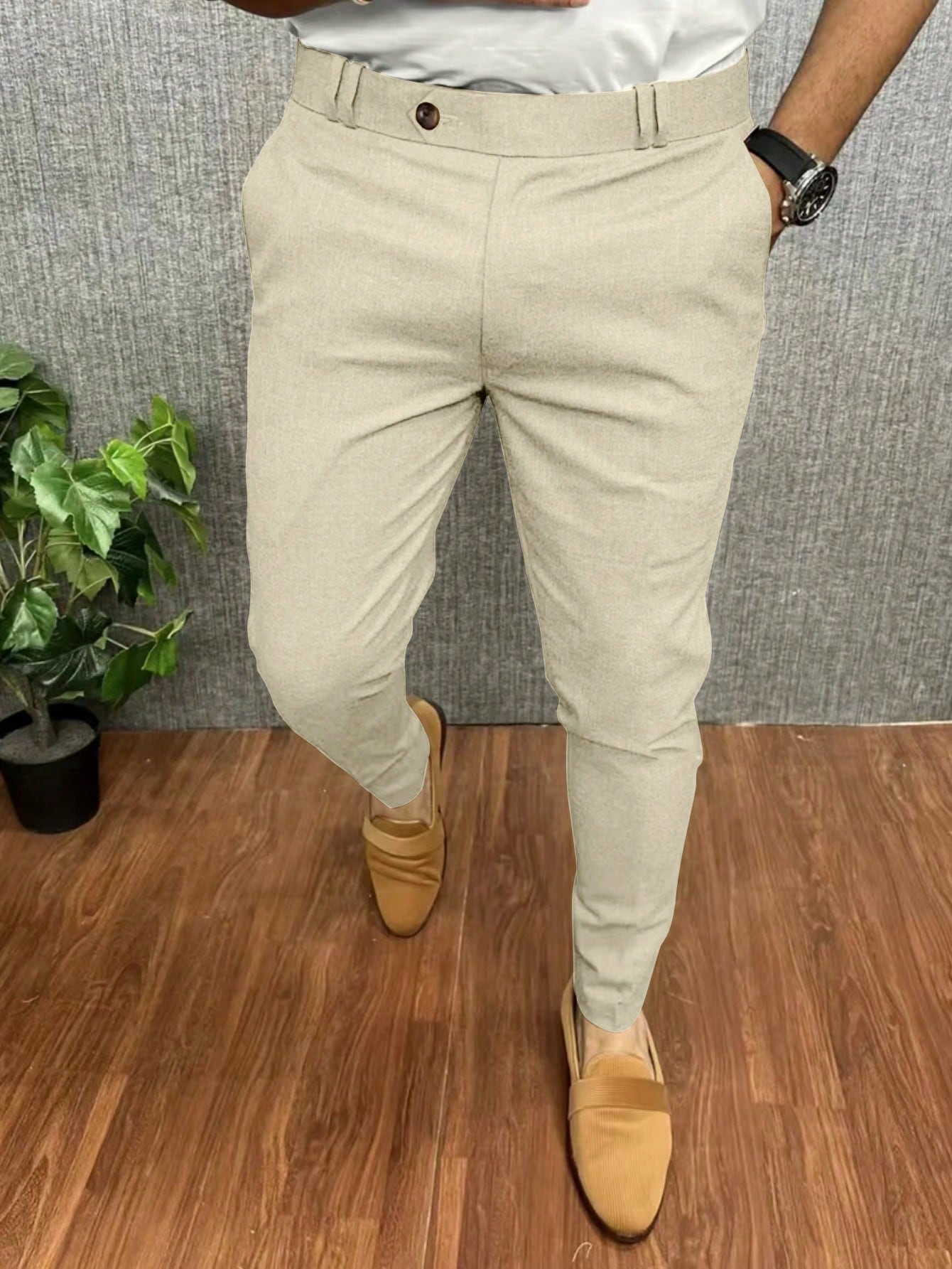 Men Solid Color Loose Fit Straight Leg Casual Pants With Pockets For Daily Commute And Leisure