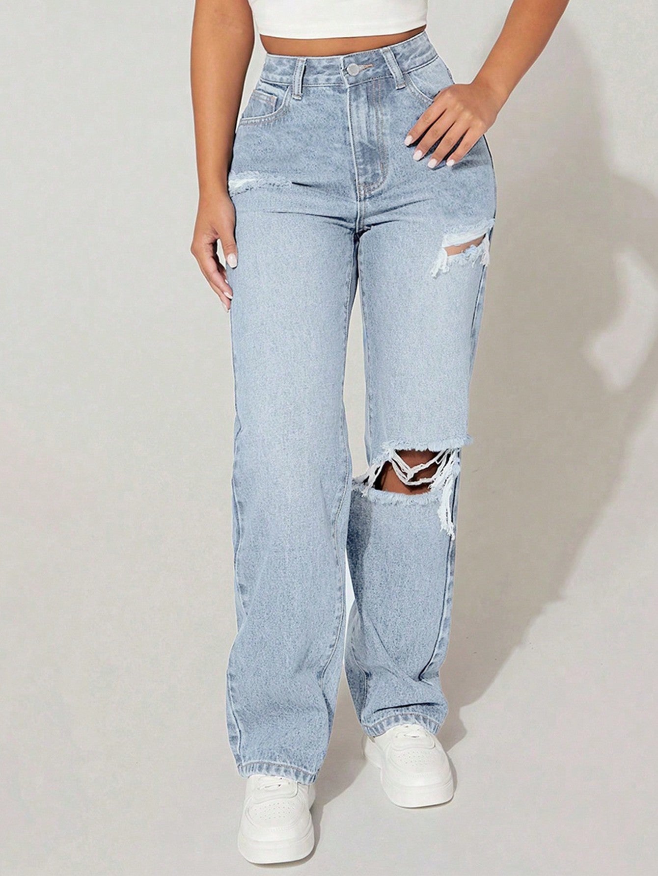 PETITE High Waist Cut Out Ripped Frayed Straight Leg Jeans