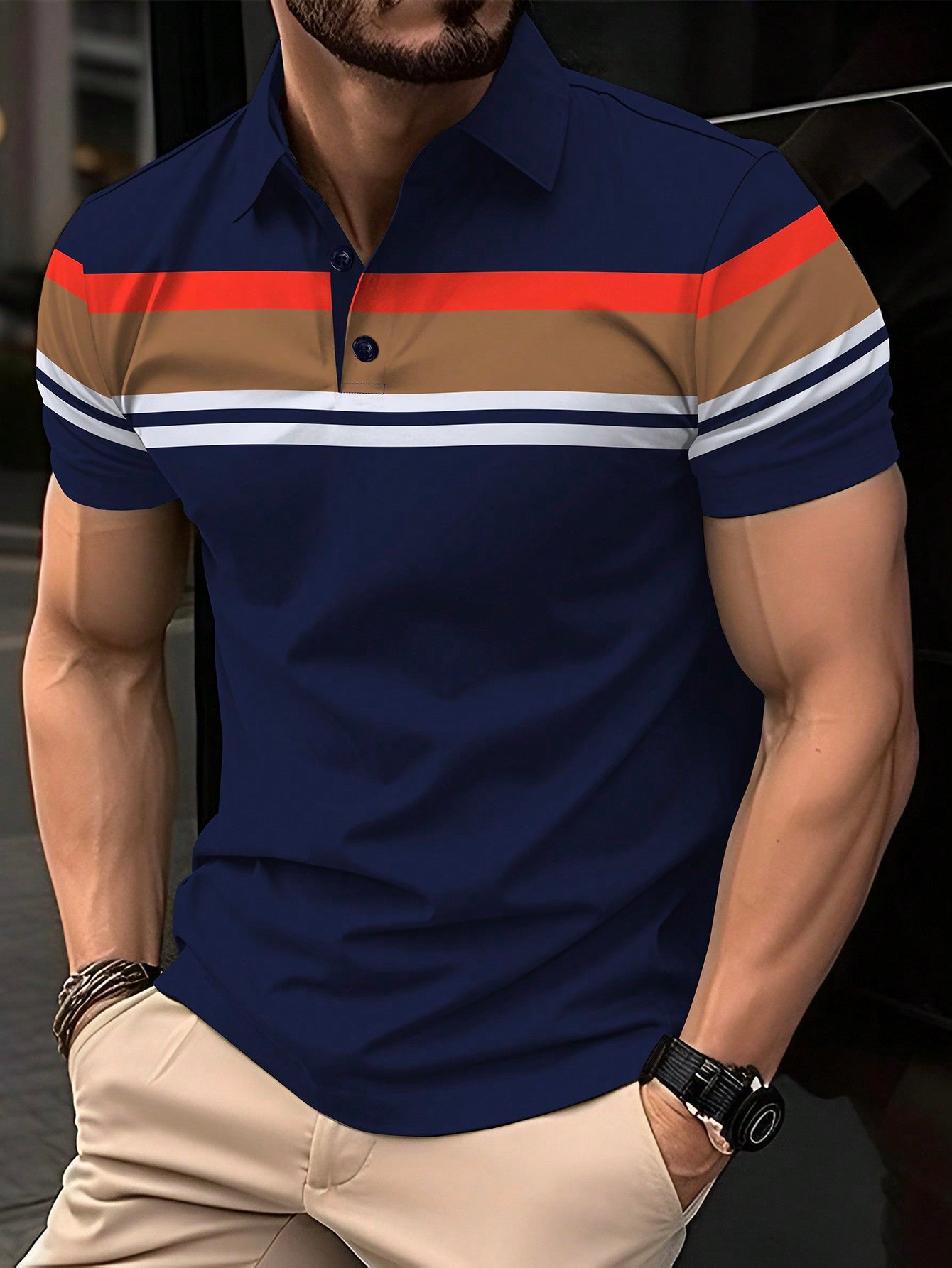 Men Color Block Short Sleeve Polo Shirt For Summer