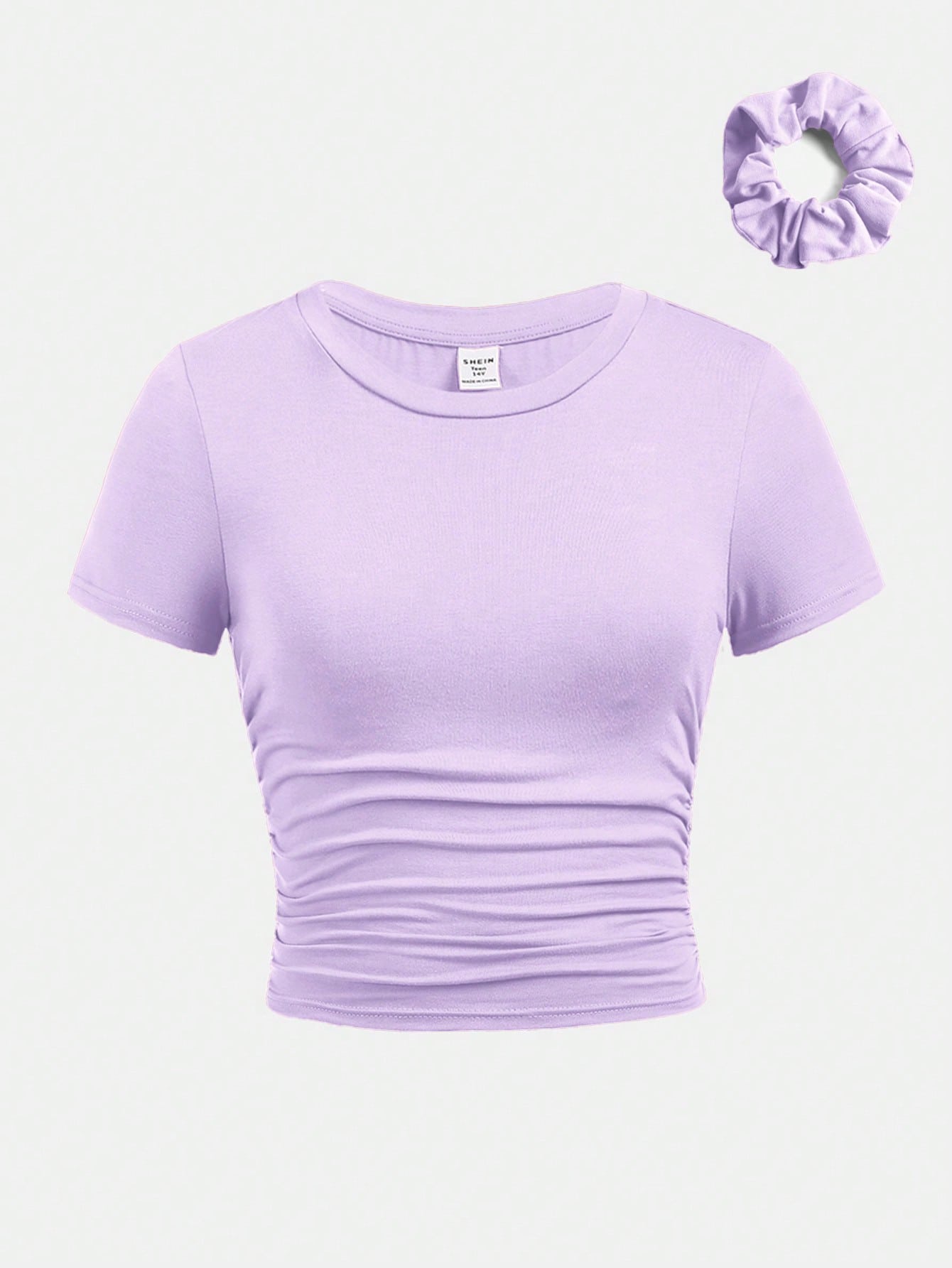 Teen Girl Knitted Solid Color Crinkled Short Sleeve T-Shirt With Round Neckline And One Hair Tie