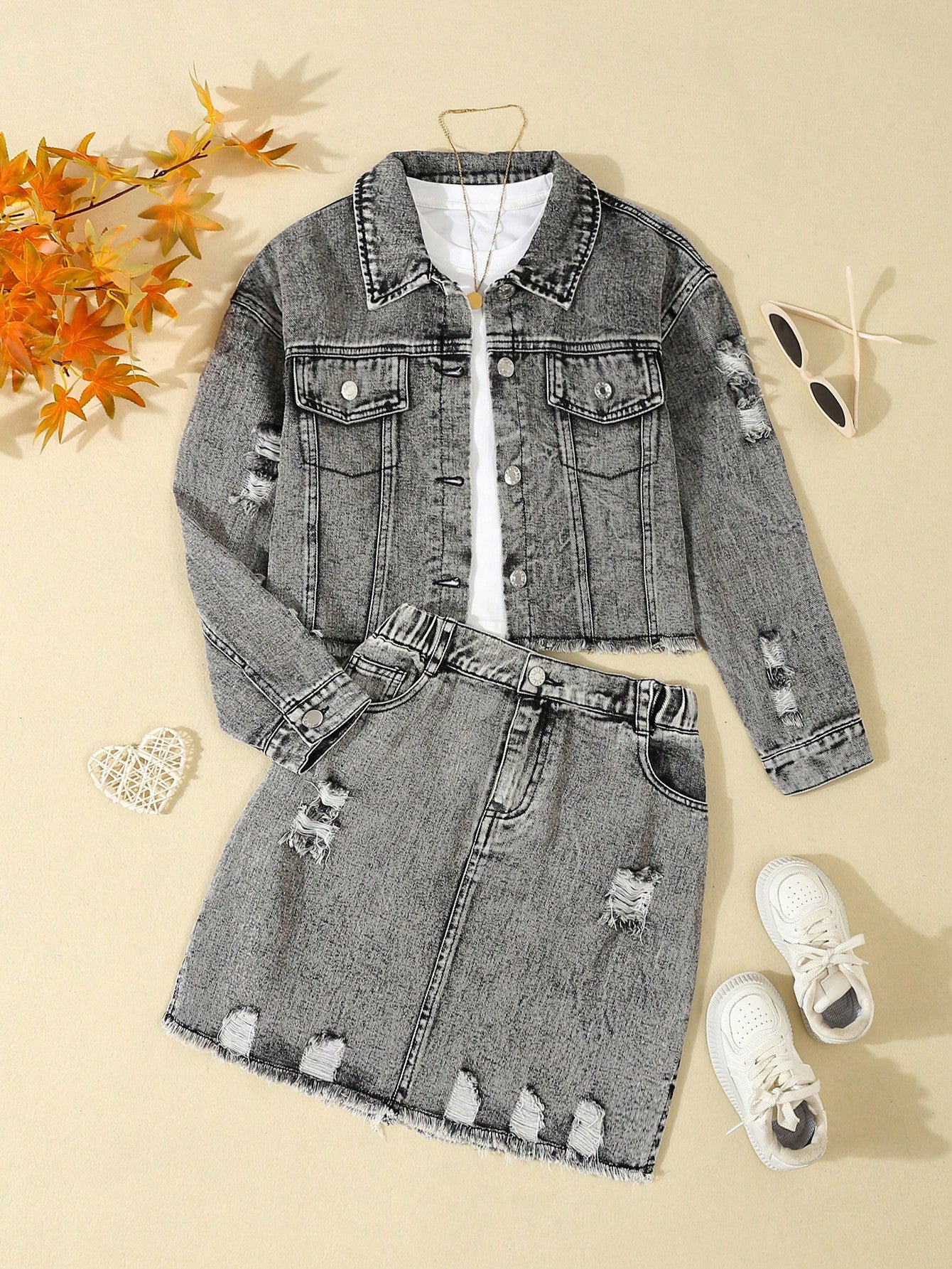 Tween Girl Denim Distressed Long Sleeve Dress Set