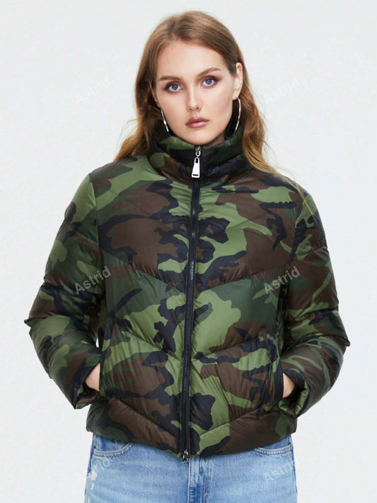 Astrid Fashionable Camouflage Short Coat With Stand Collar, Plus Size, For Autumn/Winter Casual Wear