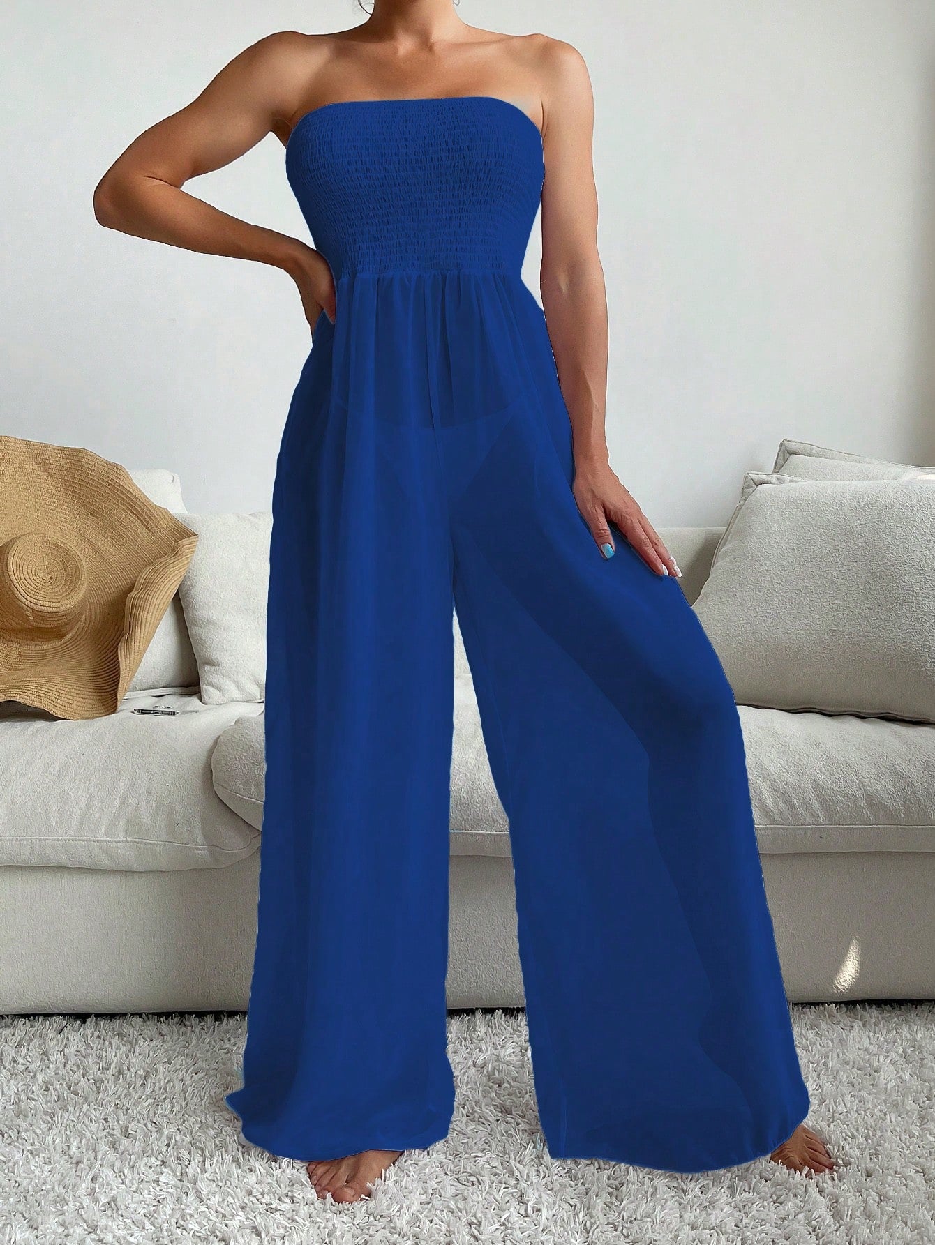 Swim Summer Beach Women's Solid Color Strapless Cover Up Jumpsuit