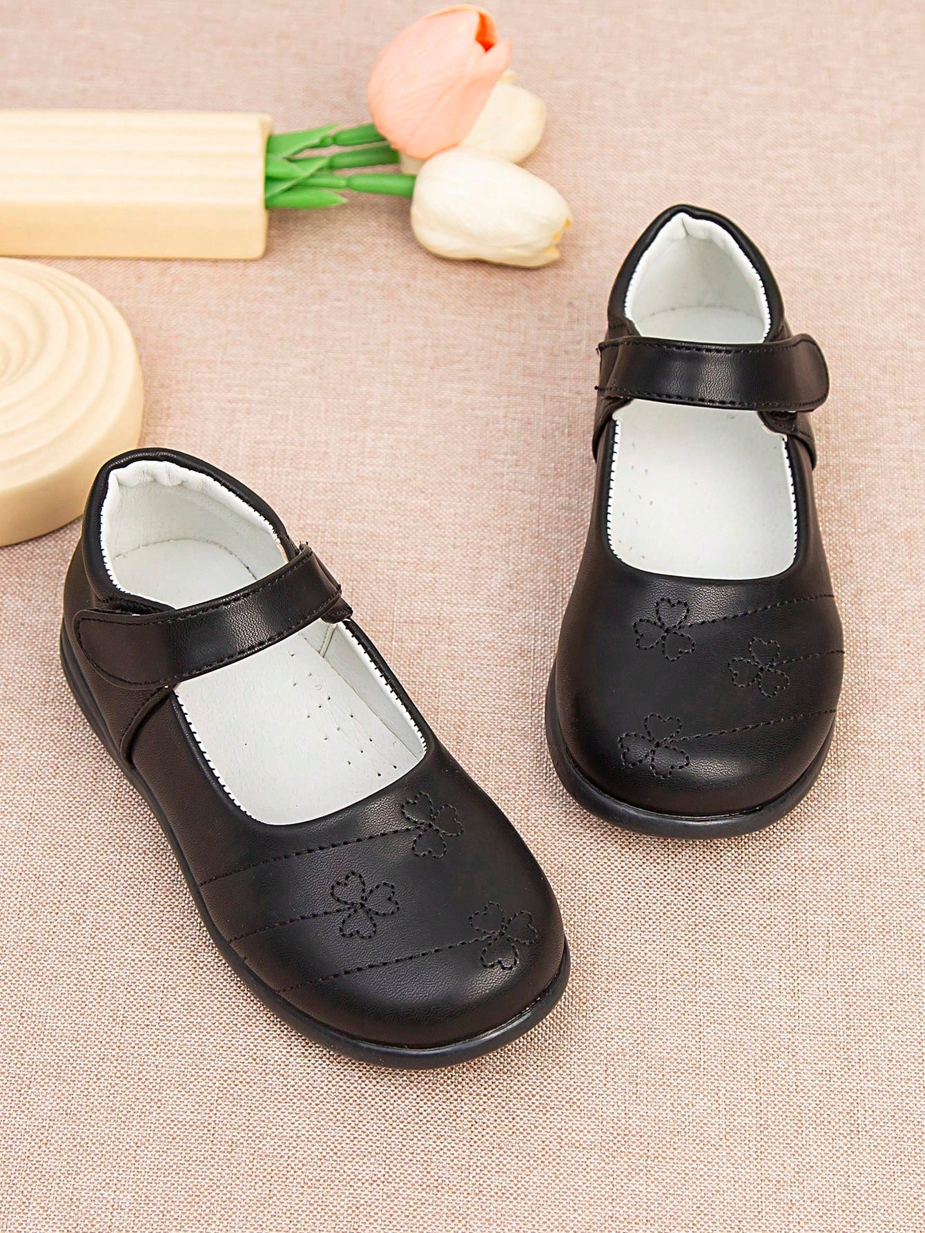 Girls' Princess Shoes, Matte Finish, Shiny Black Flower Shoes For School Students, Available In Kids And Junior Sizes.