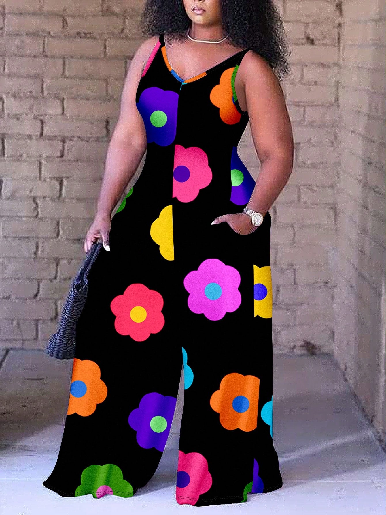 Plus Size Summer Holiday Floral Printed Wide-Leg Jumpsuit With Straps For Casual Wear