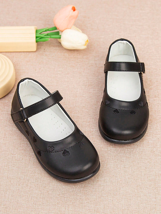 Kids' Black Leather Shoes, Princess Shoes With Heart-Shaped Cutout And Floral Design, Suitable For Girls In Primary And Middle School, For School Or Formal Occasions In Spring And Autumn