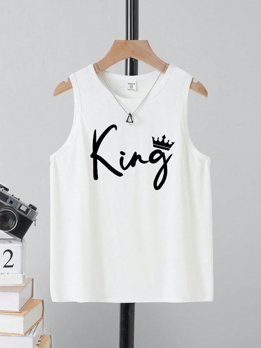 Teen Boy Casual Simple Letter Print Sleeveless Top, Suitable For Summer