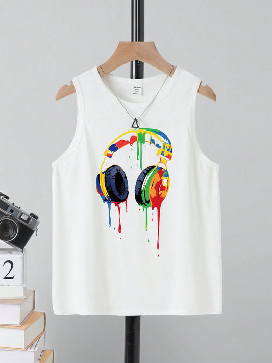 Tween Boy Casual Minimalist Headphone Printed Round Neck Top Suitable For Summer