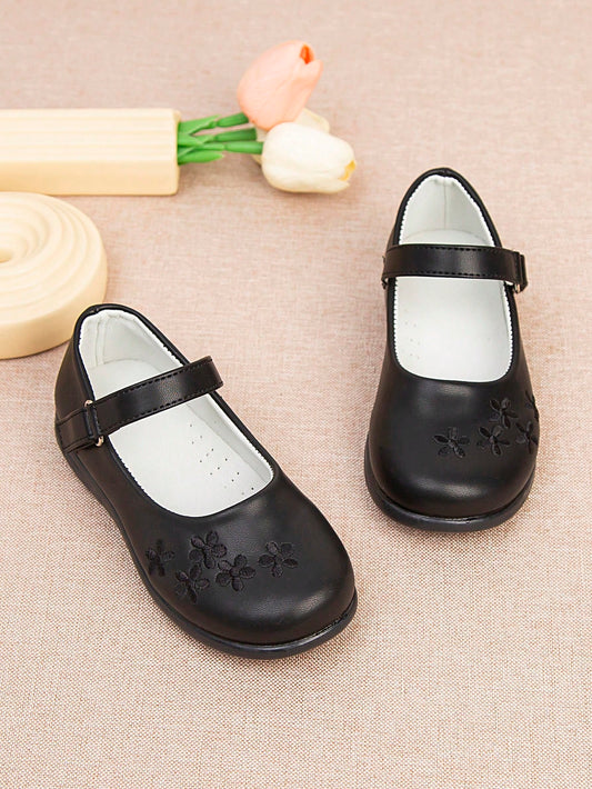 Pure Black Floral Patterned Girls' Princess Shoes For Little And Big Kids, Spring And Autumn