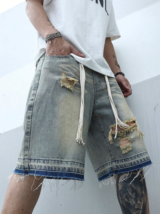 Men's Plus Size Drawstring Ripped Denim Shorts