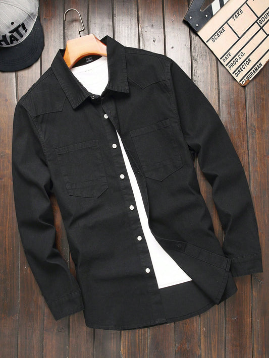 Men's Plus Size Solid Color Front Button Casual Long Sleeve Denim Shirt