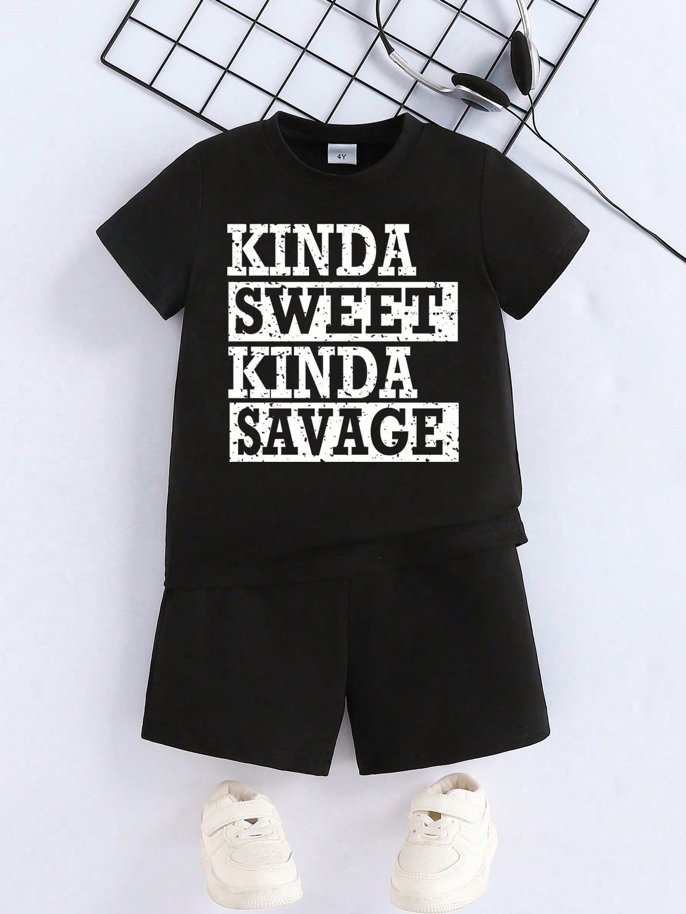 Young Boy Leisure Slogan Graphic Tee & Shorts For Summer