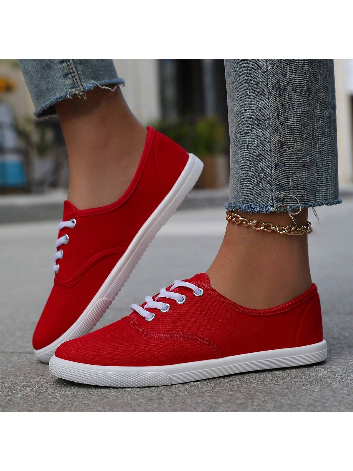 Women's Solid Color Canvas Flat Shoes, Round Toe Breathable Lace-Up Slip Resistant Shoes, Lady's Classic Canvas Flat Shoes, Solid Color Lace-Up Low-Cut Casual Shoes, Comfy Women's Footwear