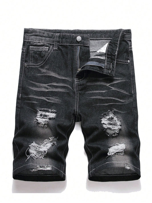 Teen Boy Fashionable Personalized Denim Shorts With Pockets And Distressed Details, Ideal For Summer Outings