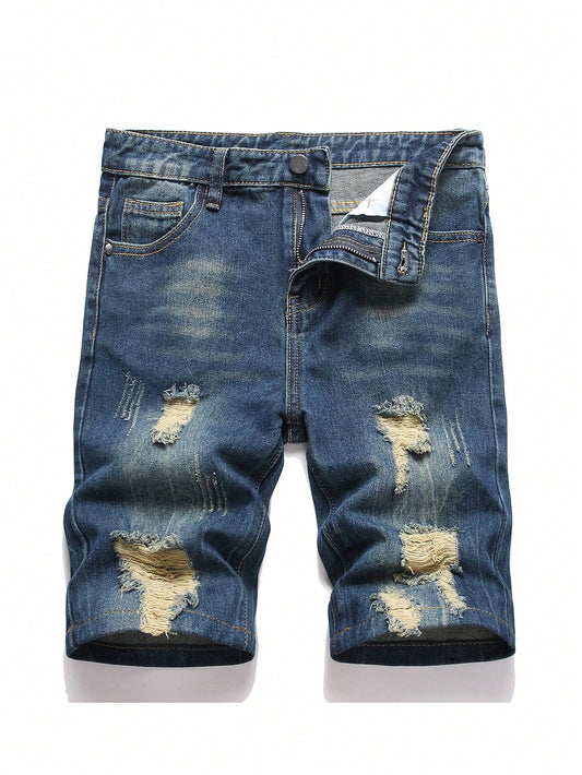 Teen Boy Fashionable & Trendy Distressed Denim Shorts With Pockets, Perfect For Summer Outings