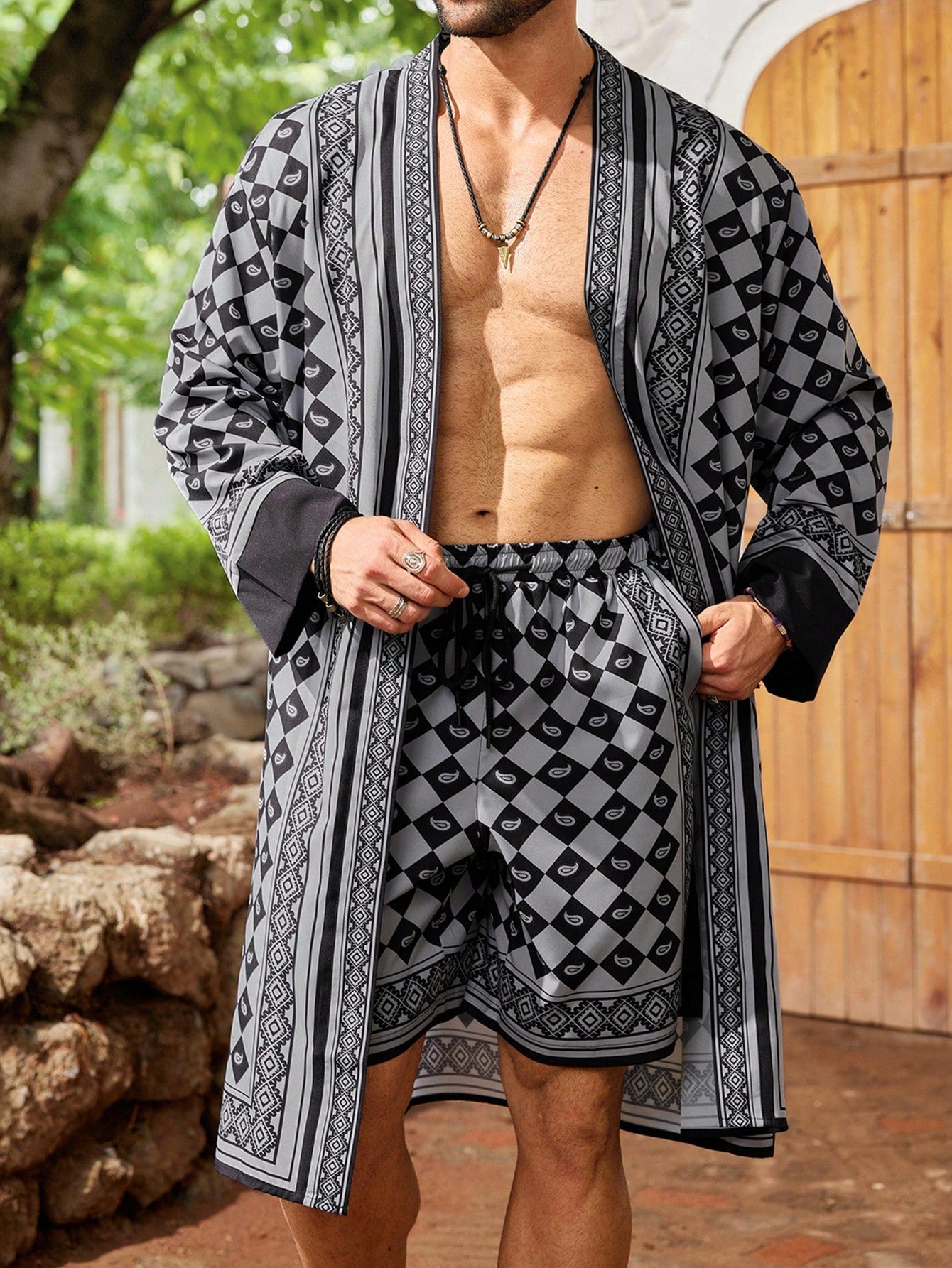 Men's Plus Size Printed Long Sleeve Shirt And Shorts Set