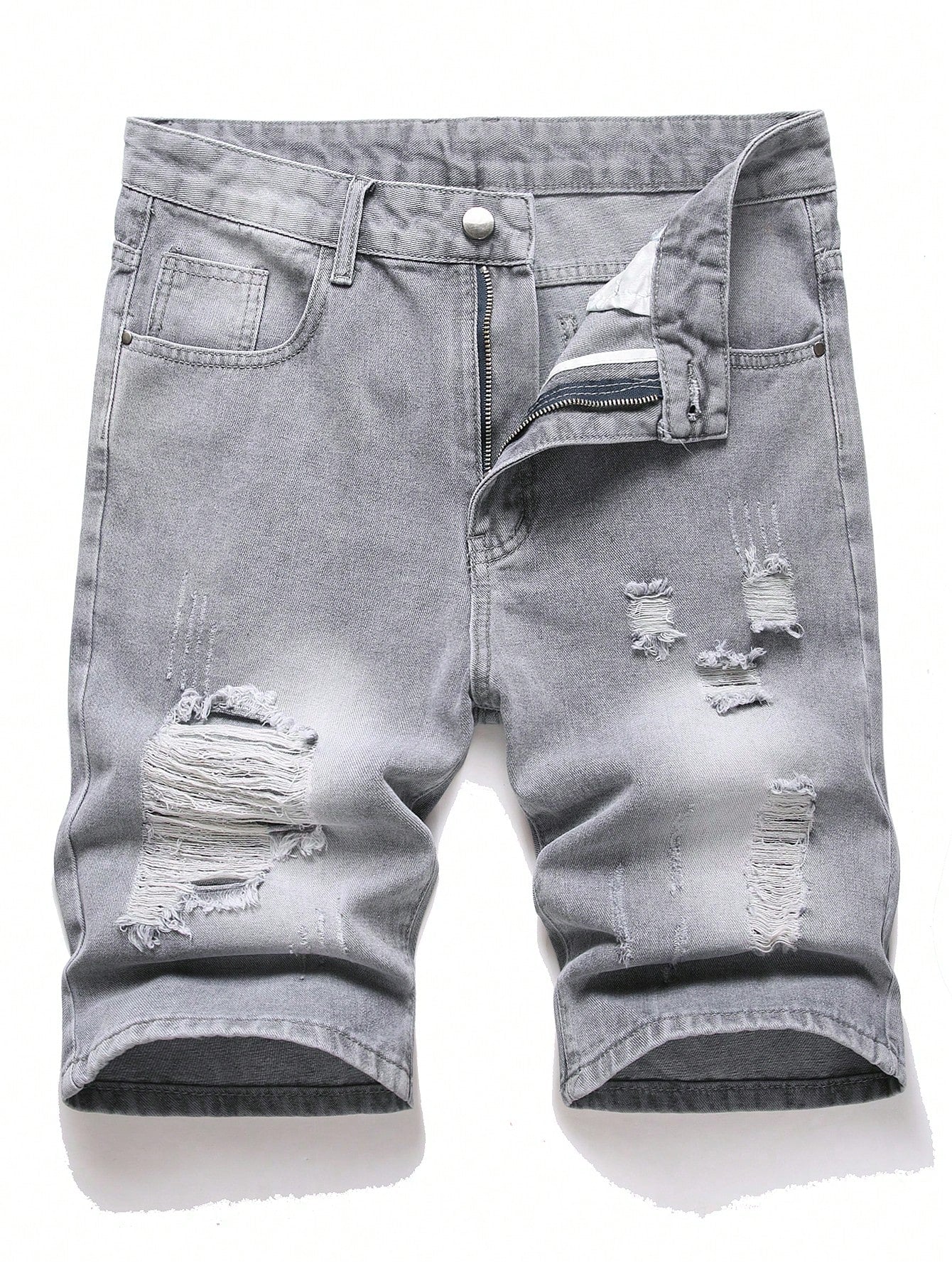 Men Ripped Frayed Bleach Wash Denim Shorts