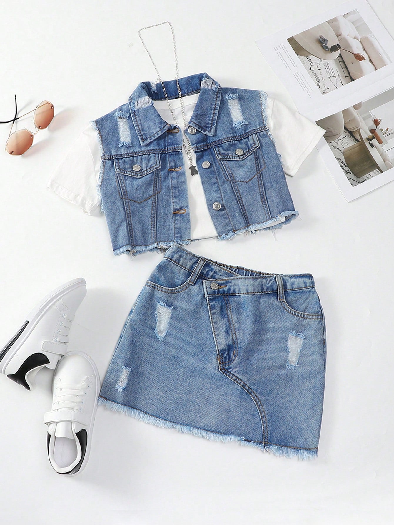 Streecool Kids Tween Girls Summer Casual Distressed Denim Vest And Asymmetrical Hem Denim Skirt Set