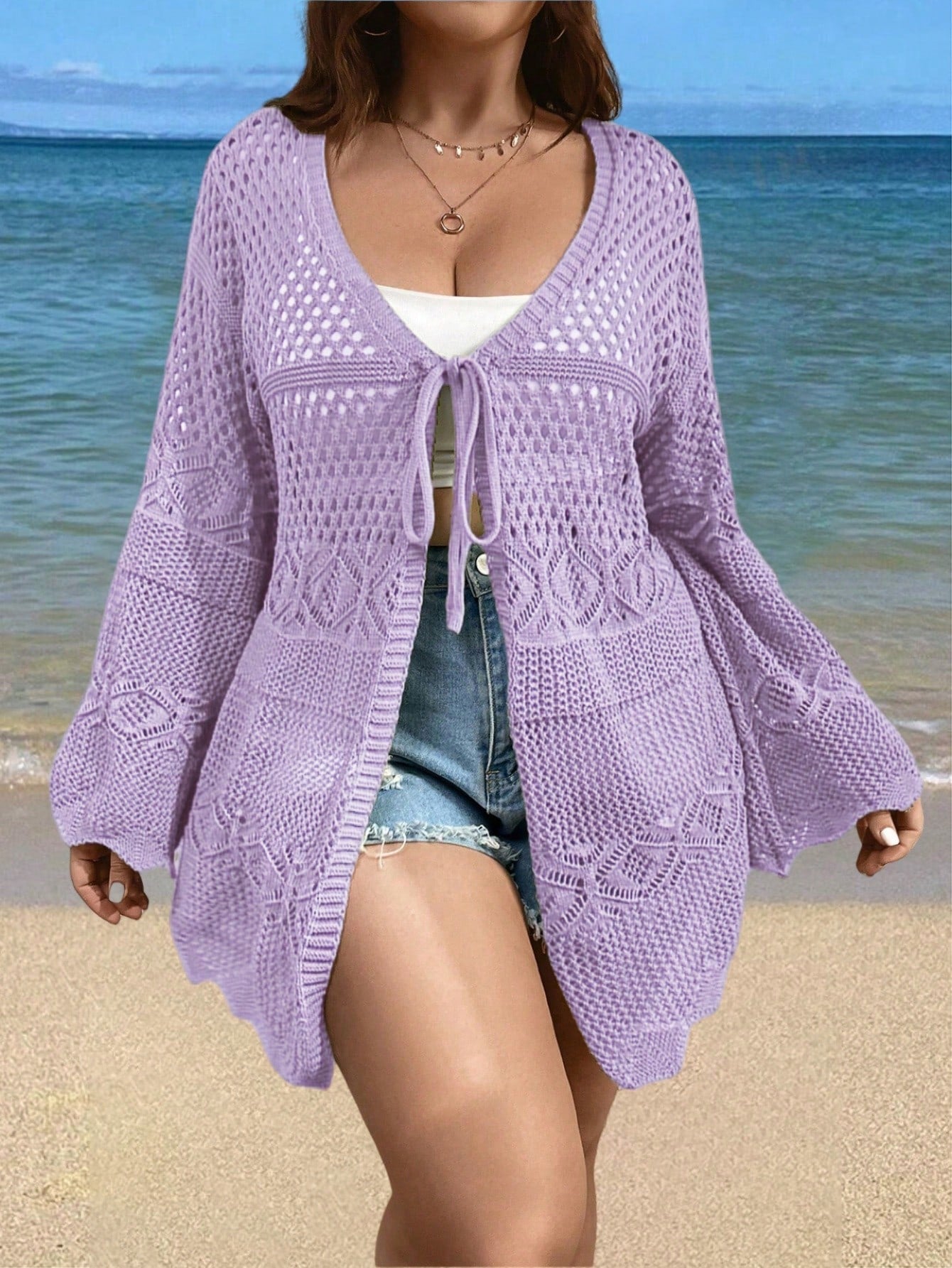 Plus Size Women Fashionable Solid Color Hollow Out Long Sleeve Cardigan