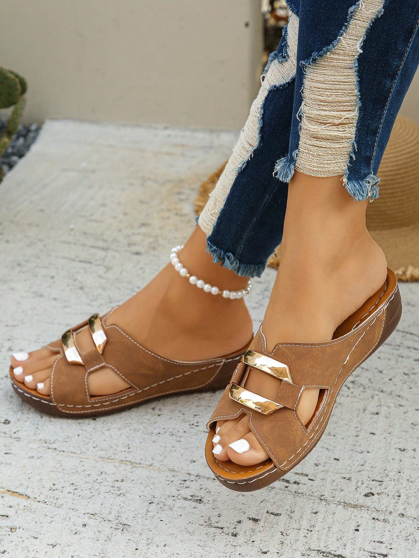 EU Size 36-45 Summer Fashion Casual Silver Buckle Wedge Heel Slides, Brown Roman Sandals, Lightweight & Comfortable Women's Platform Wedge Sandals