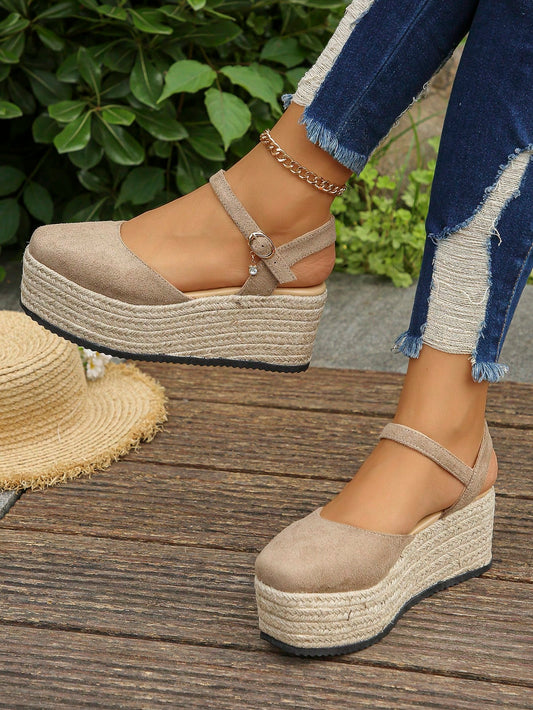 Plus Size Women's European And American Style Hollow Thick-Soled Sandals, Suitable For Everyday Wear, With High Waterproof Platform, Jute Sole And Closed Toe Wedge Heel & Flat-Soled Shoes