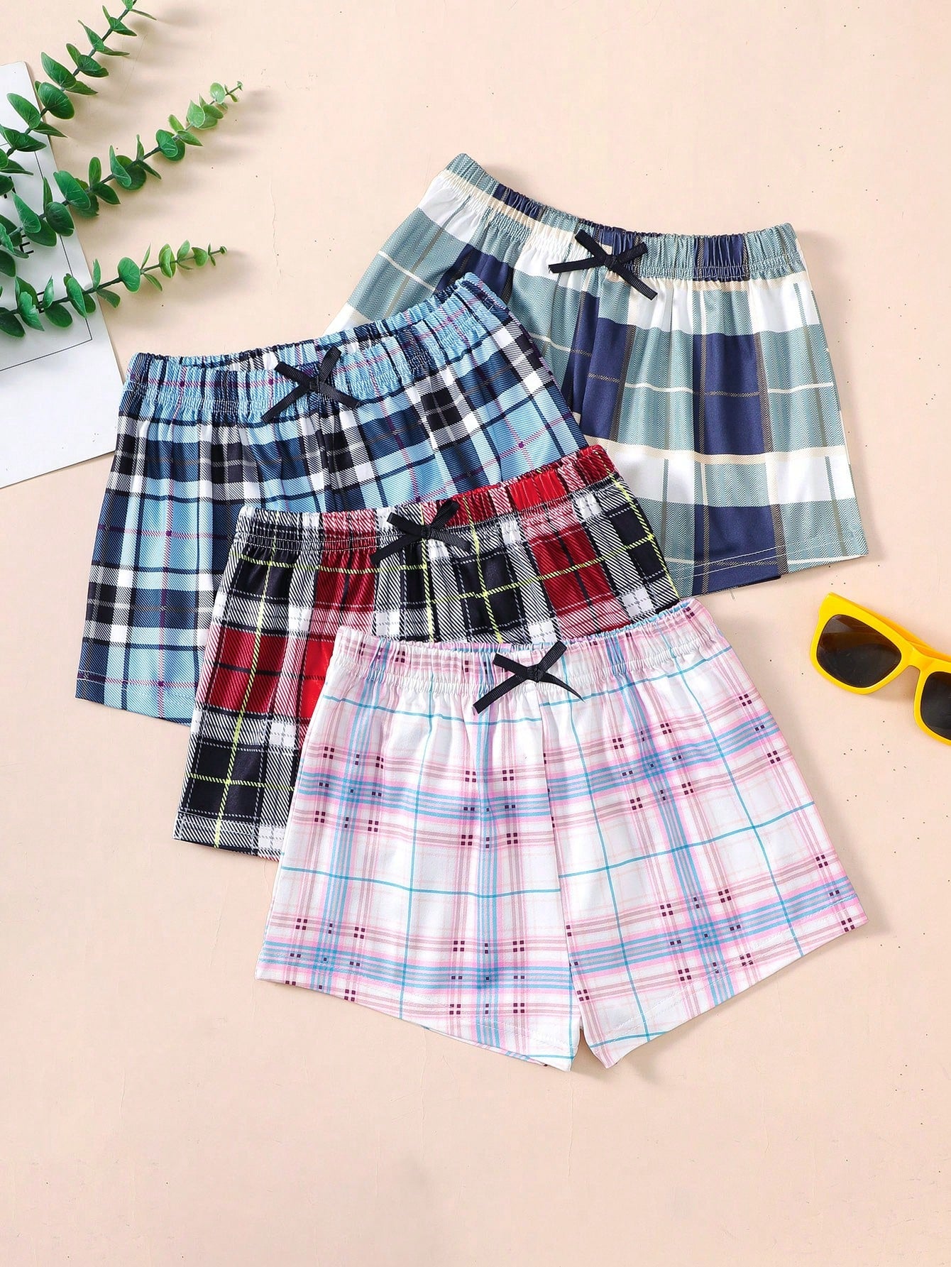 Tween Girl 4pcs Unisex Plaid Casual Shorts Set, Simple Style