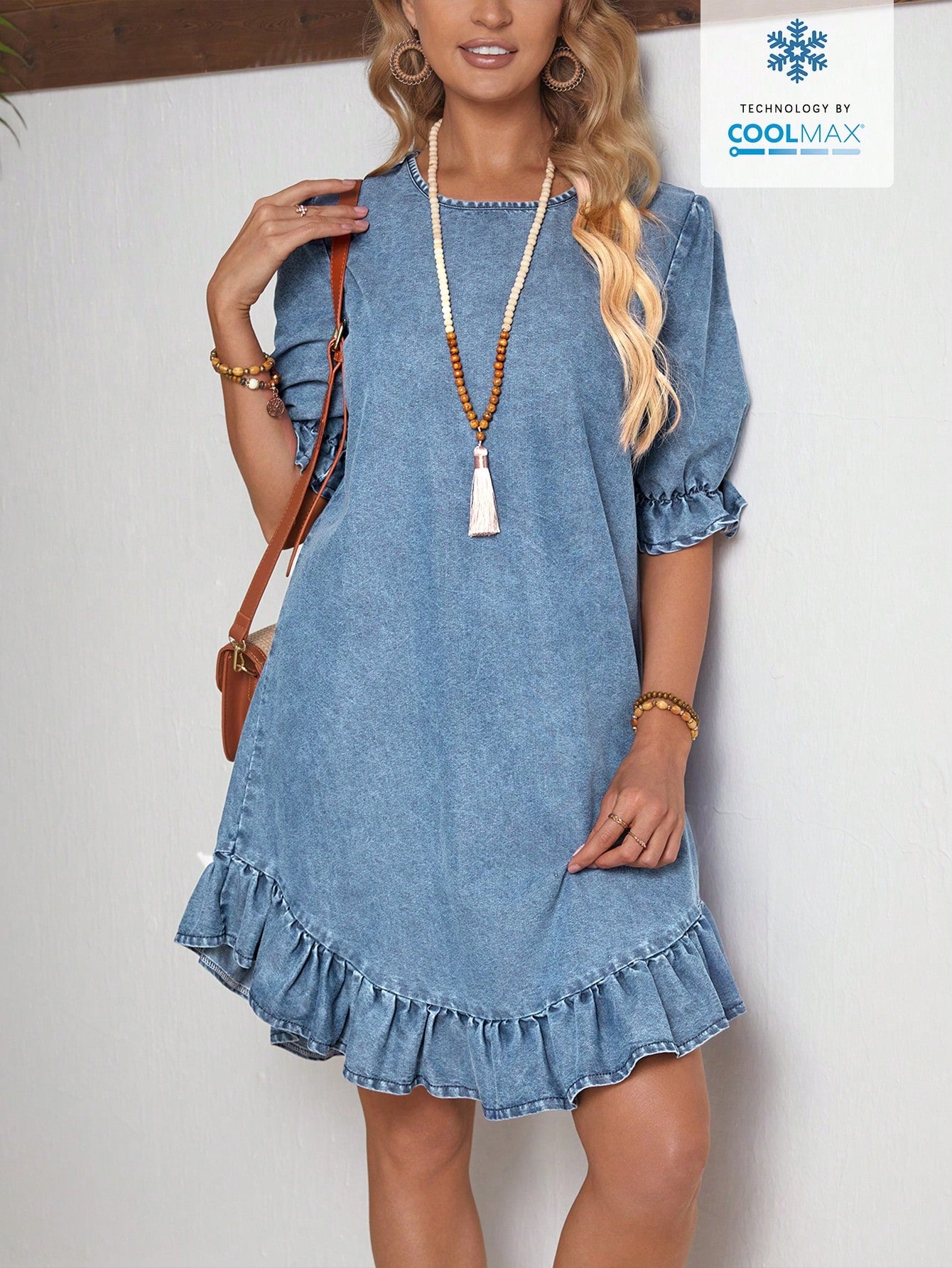 Women's Round Neck Short Puff Sleeve Denim Dress With Ruffled Hem