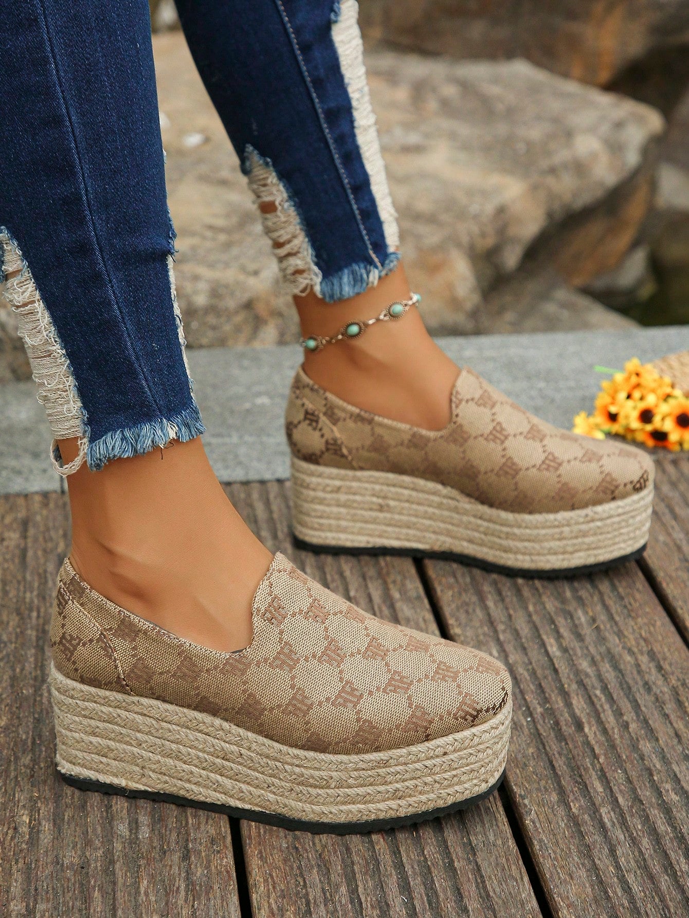 Plus Size 35-42 New Spring Autumn Casual Brown Wedge Heel Shoes, Outdoor Waterproof Platform Women's Suede Wedge Heel & Thick Sole Shoes With Woven Straw