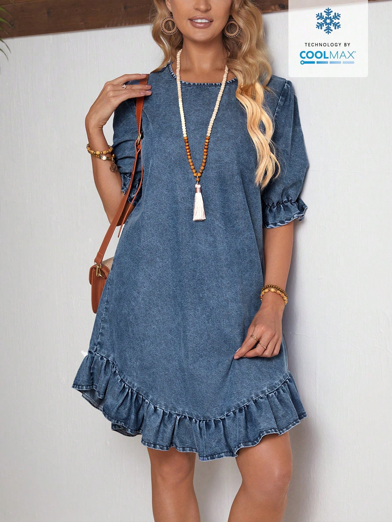 Women's Round Neck Short Puff Sleeve Denim Dress With Ruffled Hem