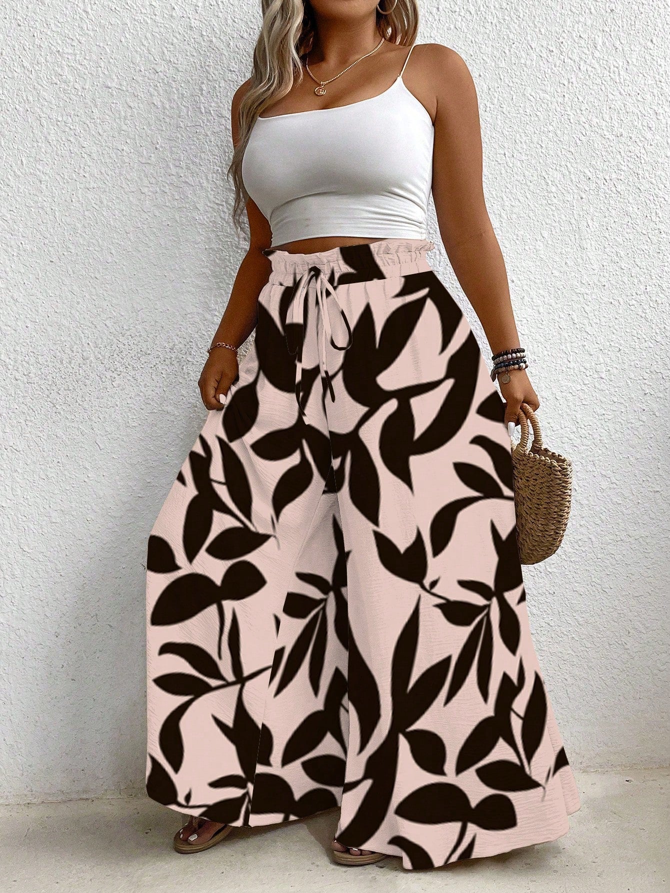 Plus Size Full-Print Elastic Waisted Tie Super Wide-Leg Pants Beach