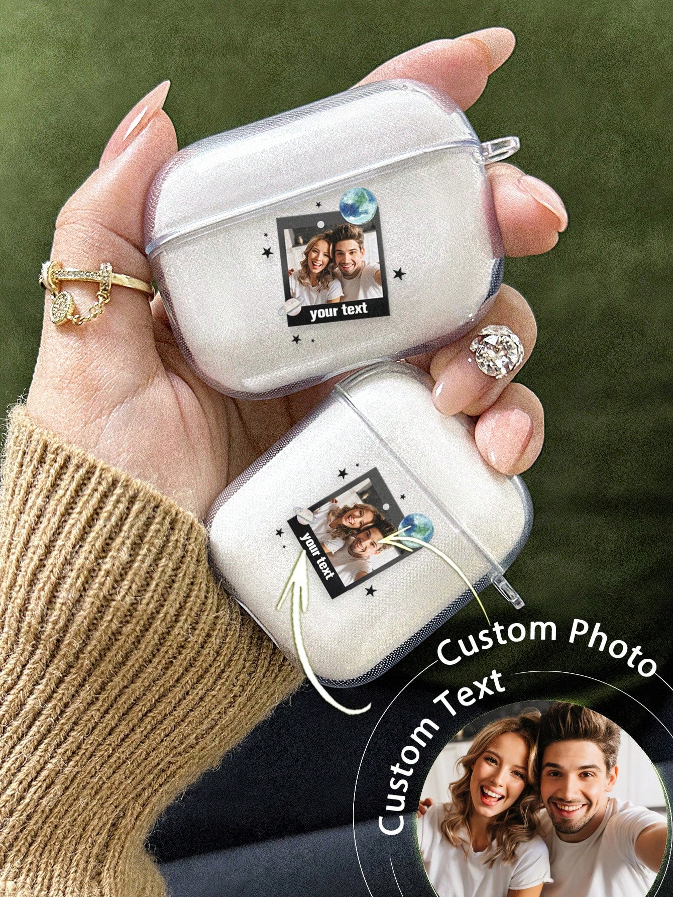 1pc Custom AirPods Case, Personalized Name And Photo AirPods Cover, Space Airpod Case, Star, Moon, Air Balloon, Customized Transparent TPU Shell, For AirPods 1/2/3/Pro/Pro 2, Prevent Scratches, Dust, Wear And Tear, Romantic Present For Her/Him, Anniversar