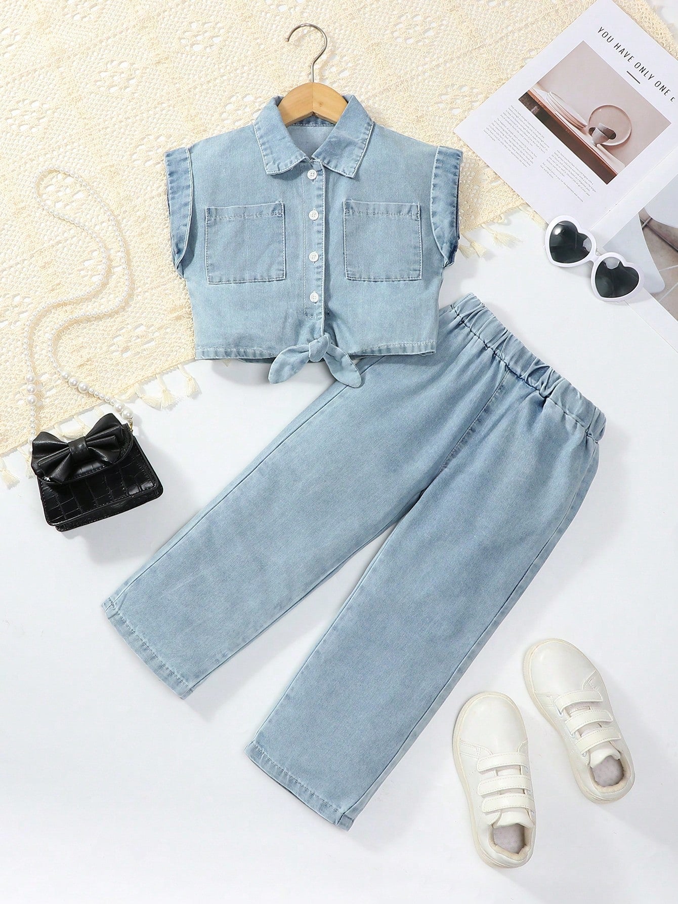 Young Girl Solid Color Sleeveless Top With Front Button Closure And Pocket, And Elastic Waist Denim Pants Casual Fashion Set, Summer