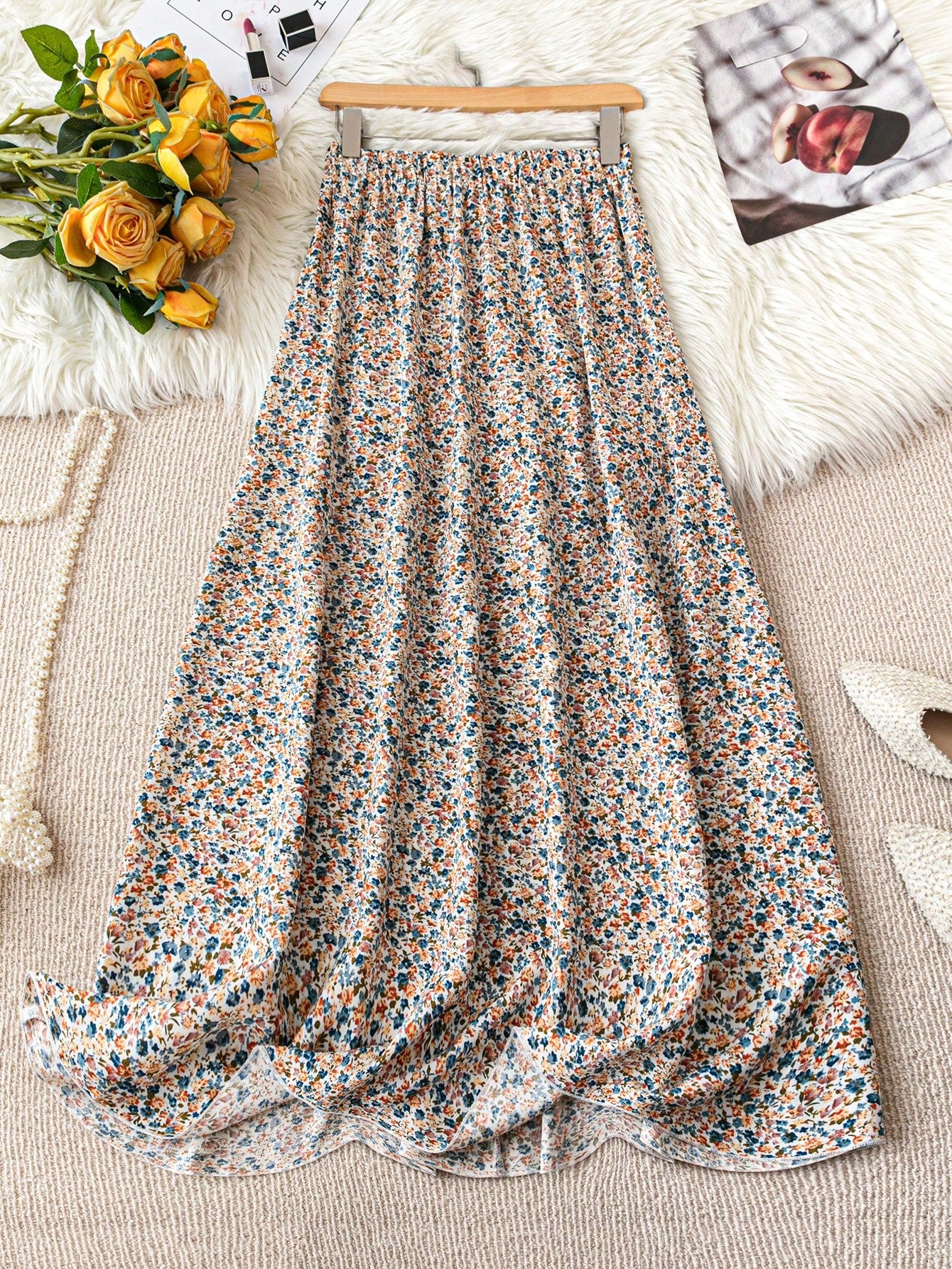 Summer Casual Elastic Waist Ditsy Floraled Skirt With Small Flower Print