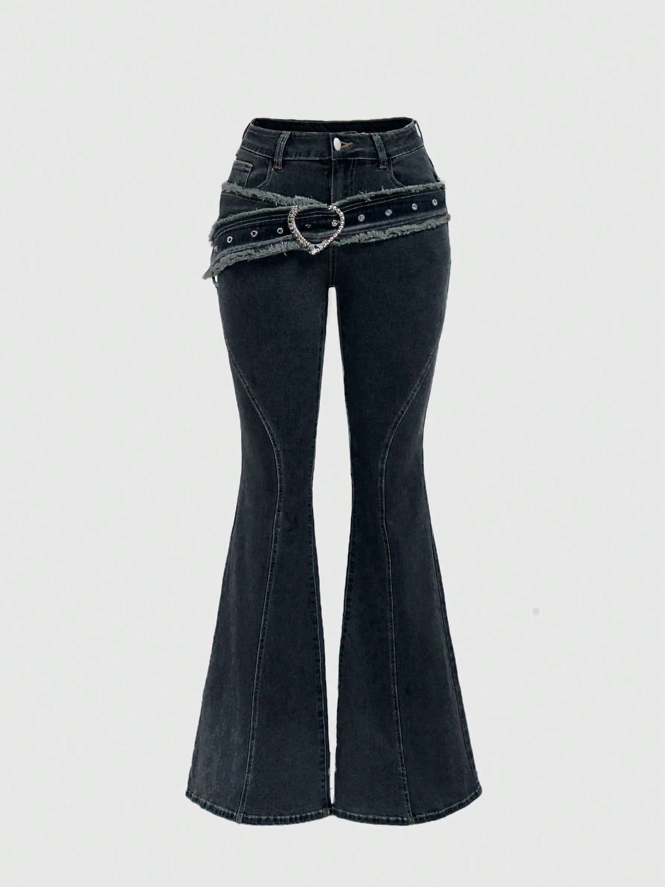 Punk Y2K Retro Heart Metal Buckle Fringe Waist Belt & Flared Jeans For Women