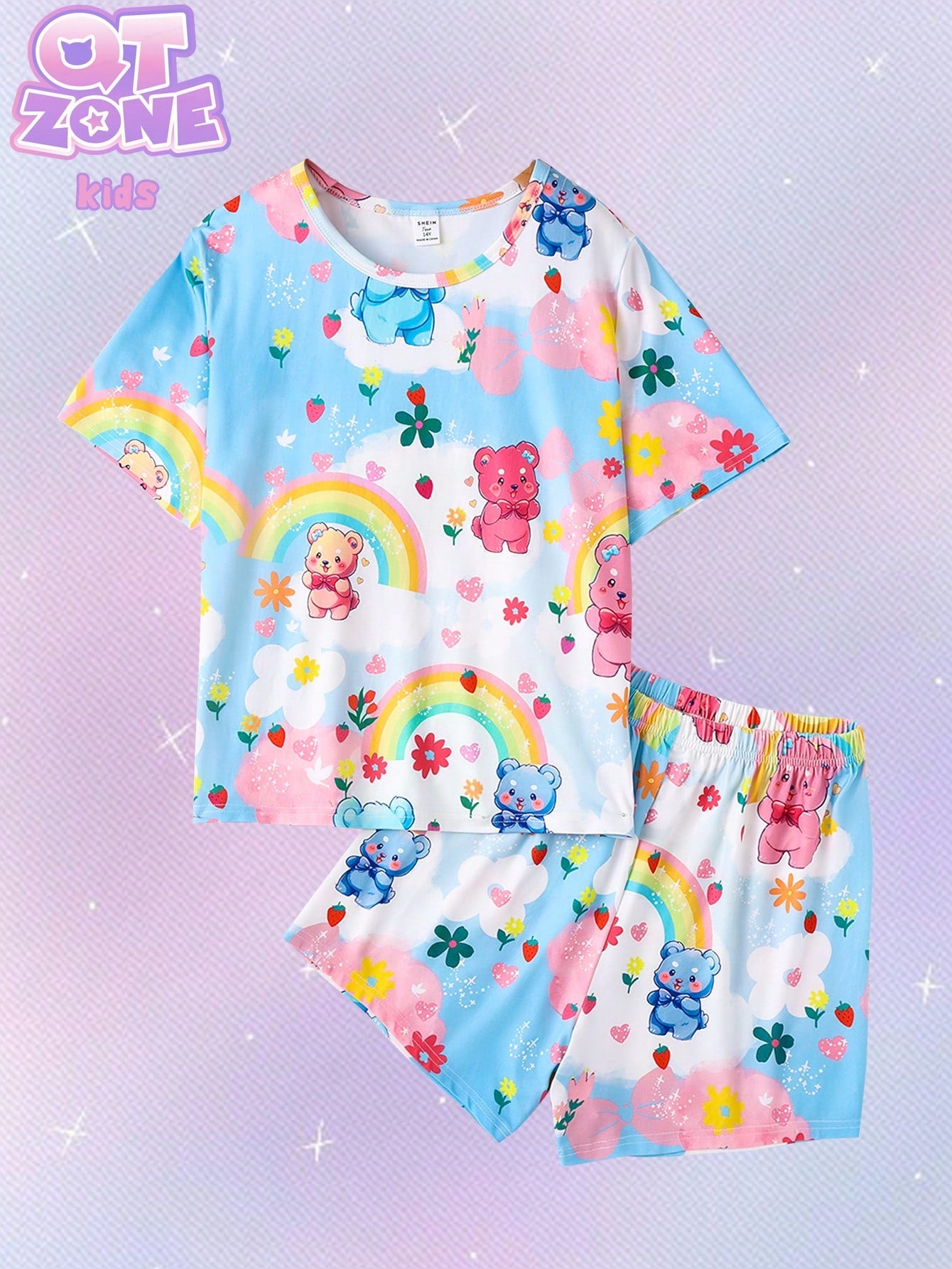 Teen Girl Full Print Rainbow Bear Pattern Short Sleeve Round Neck Top And Shorts Outfit For Casual And Home Wear