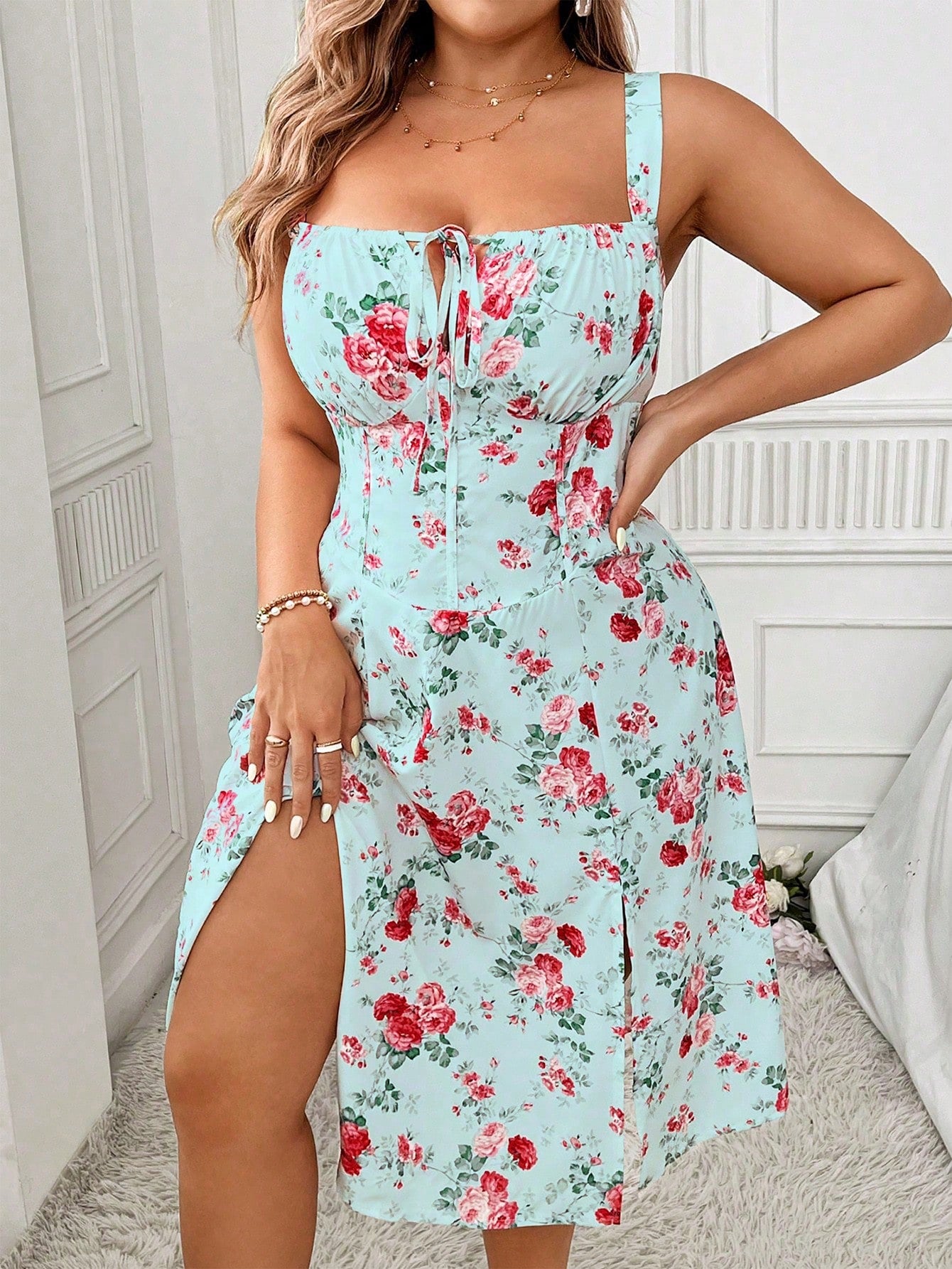 Frenchy Plus Size Floral Printed Dress With Ruched Bust, Side Slit, And Thick Shoulder Straps, Summer, Length Reaches The Thigh